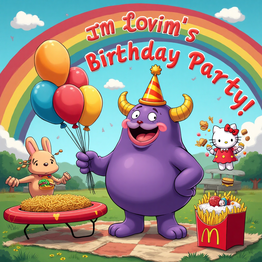 At the top of the Cartoon Style image, include the text: "Ophelia’s Birthday Party".

**Image Description:**

Imagine a whimsical birthday scene bursting with color and charm, set in the playful universe of McDonald's and Sanrio characters. Grimace, the large, lovable purple character from McDonald's, is at the center of the action, wearing a party hat that's slightly too small for his oversized head, giving him a comically adorable appearance. He’s holding a stack of colorful birthday balloons shaped like French fries and burgers.

Surrounding Grimace are the adorable Sanrio characters: Cinnamoroll, with his long floppy ears, is seen joyfully bouncing on a hamburger-shaped trampoline. Kuromi, the mischievous yet endearing rabbit, is cheekily juggling some mini Happy Meals, with a smirk on her face.

Hello Kitty, always the picture of sweetness, stands to the side with a huge slice of birthday cake, her bow matching the cake's pink frosting. All the characters are gathered around a picnic table made to look like a giant tray of fries, laden with all sorts of McDonald's goodies.

In the background, a vivid rainbow arches over a whimsical fast-food landscape, with playful puns like "I'm Lovin' Birthday Parties!" written in cheerful, bubbly letters on a banner streaming across the sky.

The whole scene is filled with bright, saturated colors, and the exaggerated expressions on each character's face evoke a sense of joyful chaos, perfect for celebrating a fun and memorable birthday party.
Generated with these themes: McDonald’s, grimace, cinnamoroll , Sanrio, kuromi, hello kitty, and .
Made with ❤️ by AI.
