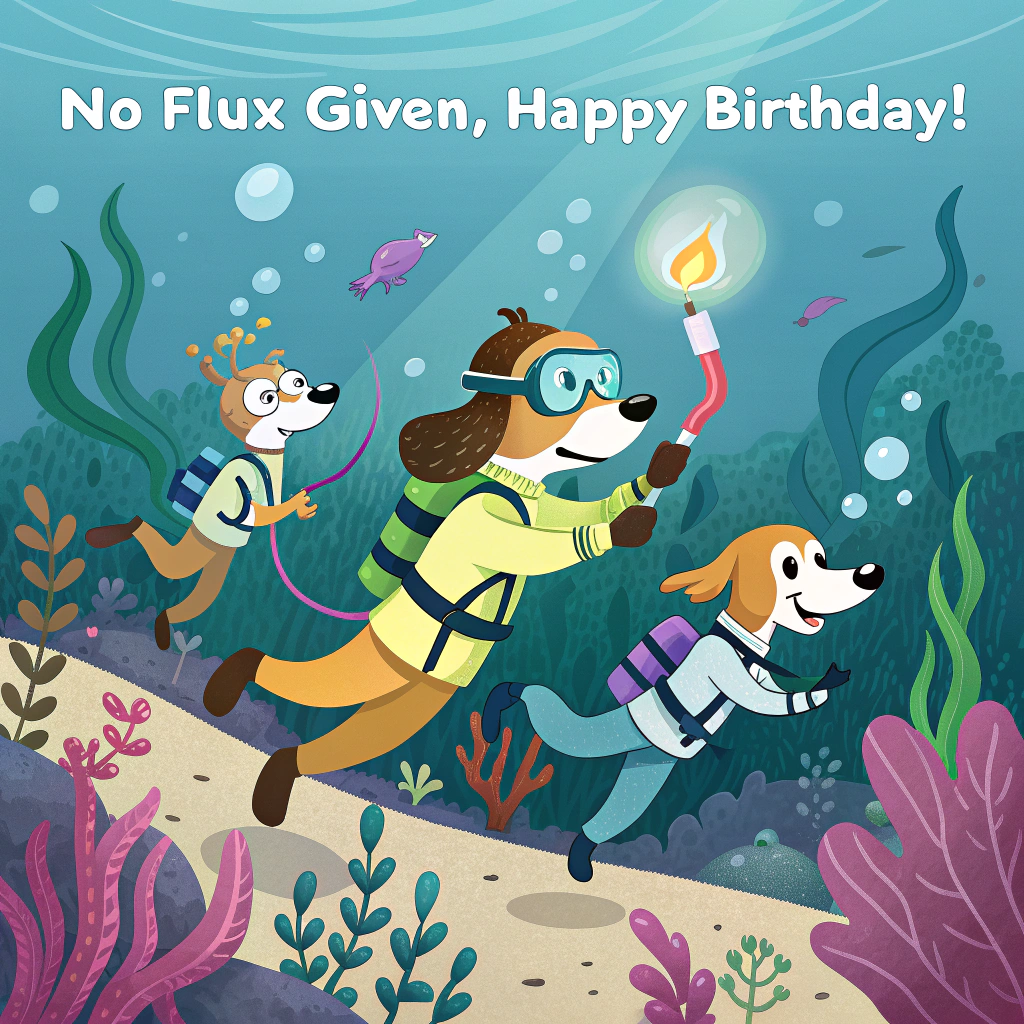 At the top of the image, "no flux given, happy birthday!"  

In the center, illustrate a playful cartoon scene of three goofy dogs wearing scuba gear — flippers, masks, and oxygen tanks — swimming joyfully through a vibrant underwater forest of oversized coral and seaweed shaped like birthday candles. One dog is wielding a welding torch underwater, comically "repairing" a treasure chest while sparks fizz into little bubble-hearts. Another dog is tangled in kelp but grinning, and the third is chasing a school of tiny fish wearing party hats. Bright, exaggerated colors, thick outlines, and over-the-top, energetic poses bring the whole silly, celebratory chaos to life.  

At the bottom of the image, add in small, playful text: "Making waves and sparks… just like you!"
Generated with these themes: Scuba diving, Dogs, Welding, Nature, and .
Made with ❤️ by AI.