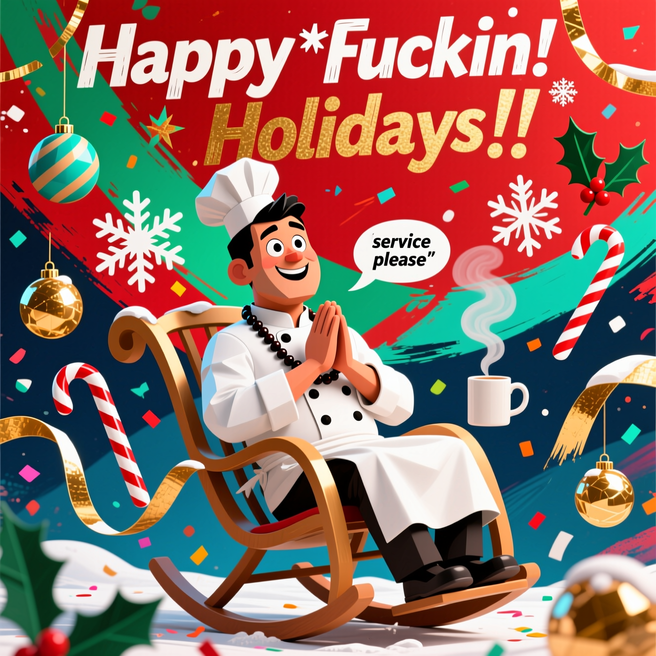 At the top of the Abstract Style image, Happy  f*ckin  Holidays !!!

A bold, full-bleed abstract holiday scene bursting with high-contrast reds, holly greens, electric teal, midnight blue, frosty white, and warm metallic gold. Dynamic brush-stroke textures slash across the canvas, intersecting with crisp geometric shapes—circles like ornaments, zig-zag candy-cane stripes, starburst snowflakes, and fluid ribbon curves that feel like tinsel in motion.

Center-stage, large and stylized: a slightly tan male chef in a crisp white uniform (no hat), very short black hair, prayer beads draped around his neck, seated in a swoopy, curvilinear rocking chair. Render him with playful, exaggerated features for a humorous vibe—wide, twinkly eyes, one eyebrow cocked, a mischievous half-smile—captured using faceted planes and sweeping curves rather than strict realism. The rocking chair’s looping forms echo the flowing holiday ribbons and sound-wave arcs of laughter swirling around him. Keep the beads clearly visible over the jacket, and emphasize his chef identity with minimal abstracted details (double-breasted buttons, a neat collar, maybe a loose apron fold), but absolutely no hat.

Surround the figure with festive abstract motifs: prismatic snowflake bursts, holly leaf silhouettes, bauble-like spheres, and confetti dots, all popping against deep, inky blues. Add energetic palette-knife strokes, paint splatters, and soft glow halos to heighten contrast and humor. Subtle steam-curl shapes rise from a stylized mug at his side, morphing into tiny snowflakes mid-air.

Small, funny text element: a hand-lettered speech ribbon near his mouth that reads exactly: “service please”. Keep it a single short line, playful lowercase, with a little sparkle or star at the end.

Typography for the headline at the top: large, chunky brush-lettering with rough edges, off-white or gold with a slight shadow, following the exact spacing and punctuation provided. Overall mood: irreverent, festive, modern-abstract, loud and laugh-out-loud. High detail, crisp edges, thick painterly texture, vibrant and punchy lighting.
Generated with these themes: .
Made with ❤️ by AI.