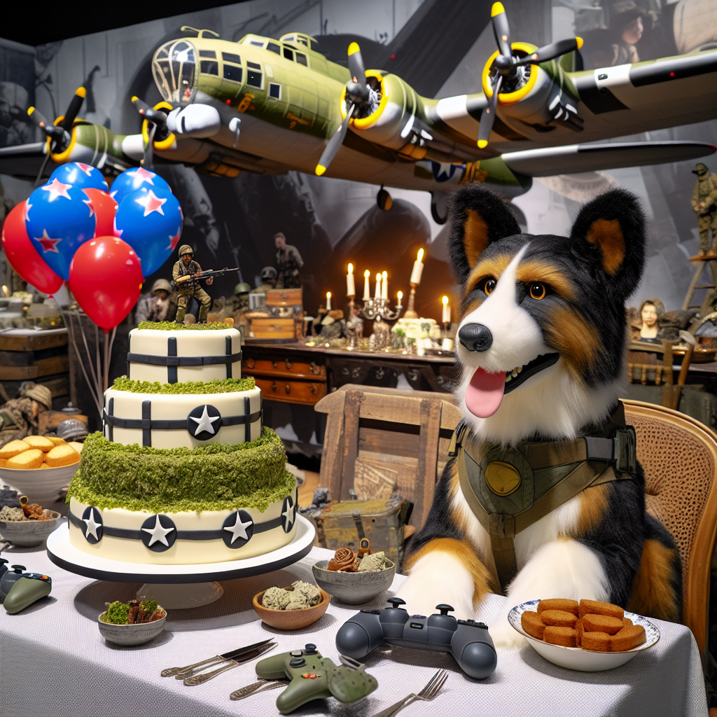 Conjure an image of a delightfully arranged birthday scene, where a lifelike plush toy resembling a border collie takes a spot beside a festive table. The highlight of the table is a cake showcasing elaborate edible replicas of B-17 Flying Fortresses as a tribute to the rich history of aviation. In the surrounding ambience, elements inspired by popular video games coalesce with the décor, demonstrated by balloons shaped like game controllers and tableware featuring a camouflage pattern. This captivating blend forms an immersive celebration for those passionate about history and gaming alike.
Generated with these themes: Border collie, B-17 flying fortress , and Call of duty.
Made with ❤️ by AI.