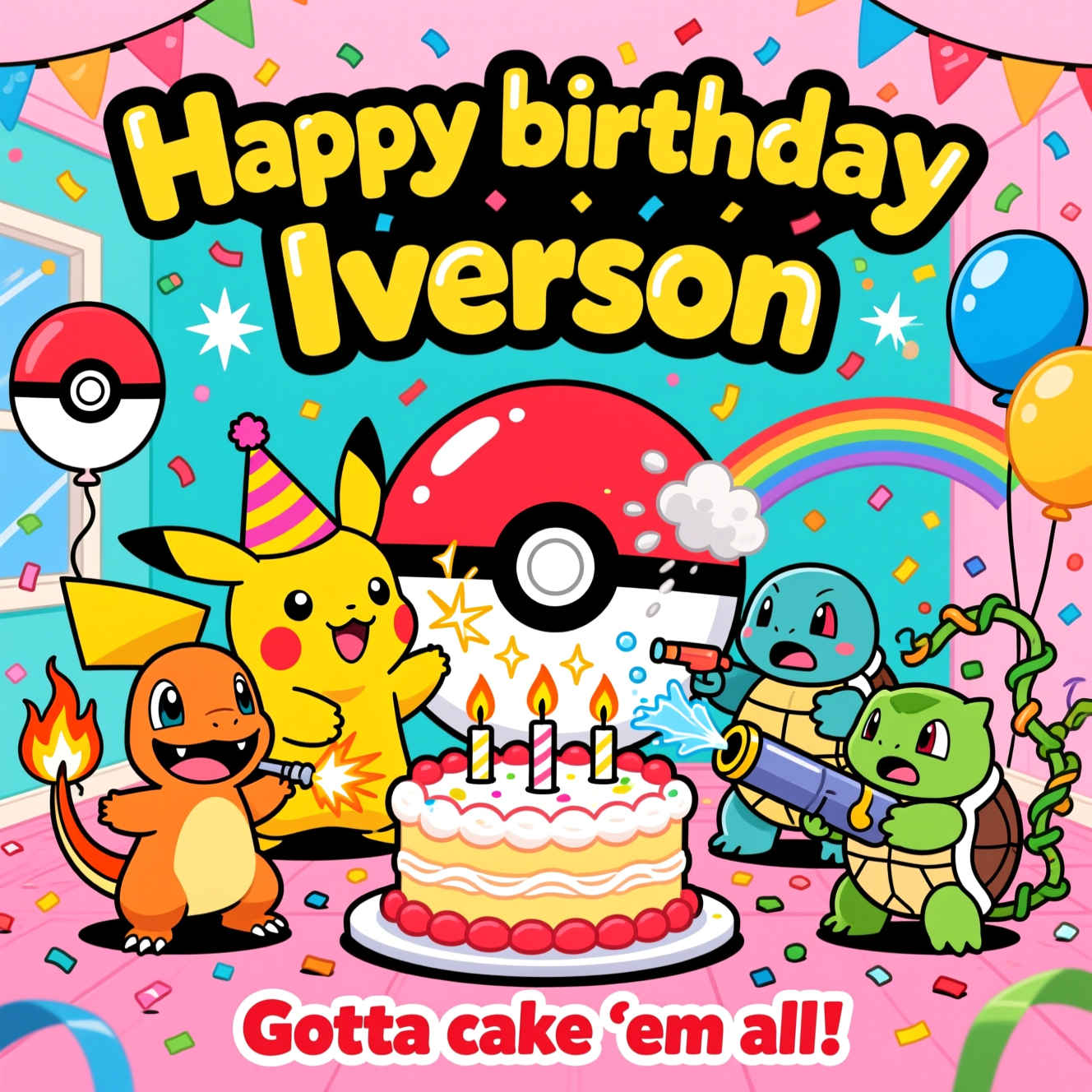 At the top of the Cartoon Style image, "Happy birthday Iverson" in giant bubbly letters with thick black outlines, electric-yellow fill, white highlights, and confetti sprinkles

A hilarious Pokémon birthday bash in a bright party room: Pikachu in a striped party hat zaps the giant Poké Ball cake to “help” light the candles, making them sparkle and sizzle; Charmander proudly blow-torches a candle with his tail flame; Squirtle panic-squirts a cooling spray that arcs into a rainbow mist; Bulbasaur launches confetti streamers with his vines like party cannons. Exaggerated, chibi proportions, thick inky outlines, and bold saturated colors (electric yellow, cherry red, sky blue, lime green). Whimsical motion lines, starbursts, sparkles, and comic smoke puffs add energy. Balloons (including Poké Ball balloons), streamers, and floating sprinkles fill the scene. Bright, cheerful cel-shading, clean turquoise-to-pink party backdrop, minimal empty space, big central composition on the cake and the chaotic, funny teamwork.

At the bottom in a small playful caption, “Gotta cake ’em all!” in chunky comic lettering with a candy-red outline.
Generated with these themes: Pokemon, and .
Made with ❤️ by AI.