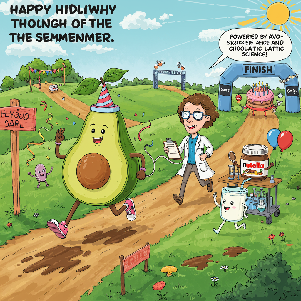 At the top of the Cartoon Style image, happy halfway through the semester 

Playful, funny, full-bleed cartoon scene with thick outlines and bright, saturated colors. On a rolling cross-country trail, a beaming anthropomorphic avocado runner in a neon sweatband and chunky sneakers charges forward mid-leap, confetti flying and a tiny birthday party hat perched on its stem. A zany exercise-science professor with wild hair, round glasses, and a flapping lab coat hustles alongside, clutching a clipboard and stopwatch; a comical VO2 mask with a curly tube links from the avocado to the professor’s portable lab cart bouncing with beakers and oxygen bubble doodles. On the sidelines, a cheerful nutella jar and a grinning glass of milk (both with arms and legs) run a tiny fueling table, offering a spoonful and a straw high-five; balloons and streamers bob around them. The course is marked with colorful flags, a playful mud splash, and a distant finish arch shaped like a layered birthday cake with candles, under a sunny skyburst.
Include one small speech bubble from the professor that says: Powered by avo-cardio and choco-lactic science!
Generated with these themes: Cross country, avocado, exercise science, professor, nutella with milk, and .
Made with ❤️ by AI.