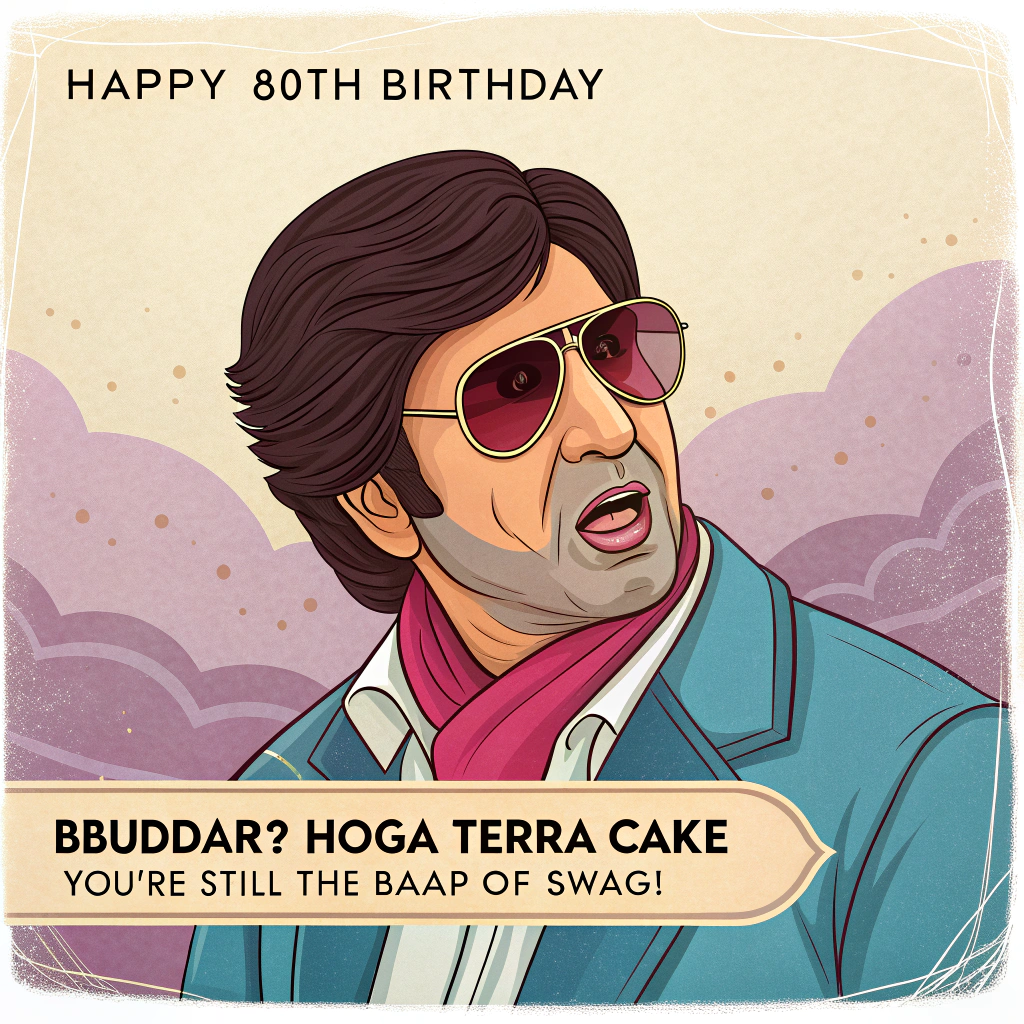 At the top of the Cartoon Style image, "Happy 80th birthday"

At the bottom of the image, "Bbuddah? Hoga Terra Cake — you're still the Baap of Swag!"

- Centerpiece: a playful, cartoonish Amitabh Bachchan inspired by his iconic Bbuddah Hoga Terra Baap look—exaggerated tall proportions, oversized tinted aviator sunglasses, electric-blue blazer, magenta scarf fluttering dramatically, stylish beard and chunky rings. He strikes a swagger pose, one hand tipping his shades and the other flashing cheeky finger-guns (or resting on a shiny cane subtly shaped like an “8”).
- Behind him: a giant, glittering “80” styled like golden film reels with marquee bulbs, confetti bursting and starburst rays in bright pink, gold, cyan, and electric blue.
- Fun birthday nods: a cake perched on the “0” with sparklers, tiny sunglasses and star sprinkles, and a little clapperboard candle marked “80”.
- Style: thick black outlines, bright saturated colors, whimsical energy, dynamic motion swooshes around the scarf and shades; bold Bollywood-poster vibe for the text with high contrast and a subtle drop shadow to keep it readable.
Generated with these themes: Amitabh Bachchan, Iconic photo from Bbuddah Hoga Terra Baap, and .
Made with ❤️ by AI.