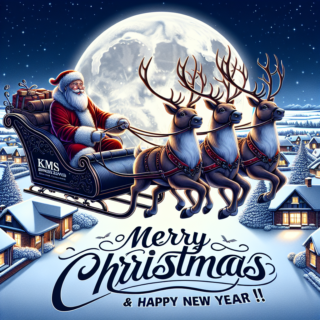 Santa Claus in his sleigh, led by his reindeer with 'KMS Business Services' written on their harnesses, soaring over a quiet town. The moon illuminates the snow-covered roofs and the phrase 'Merry Christmas & Happy New Year !!!' is etched in the snowy fields below.
Generated with these themes: KMS Business Services .
Made with ❤️ by AI.