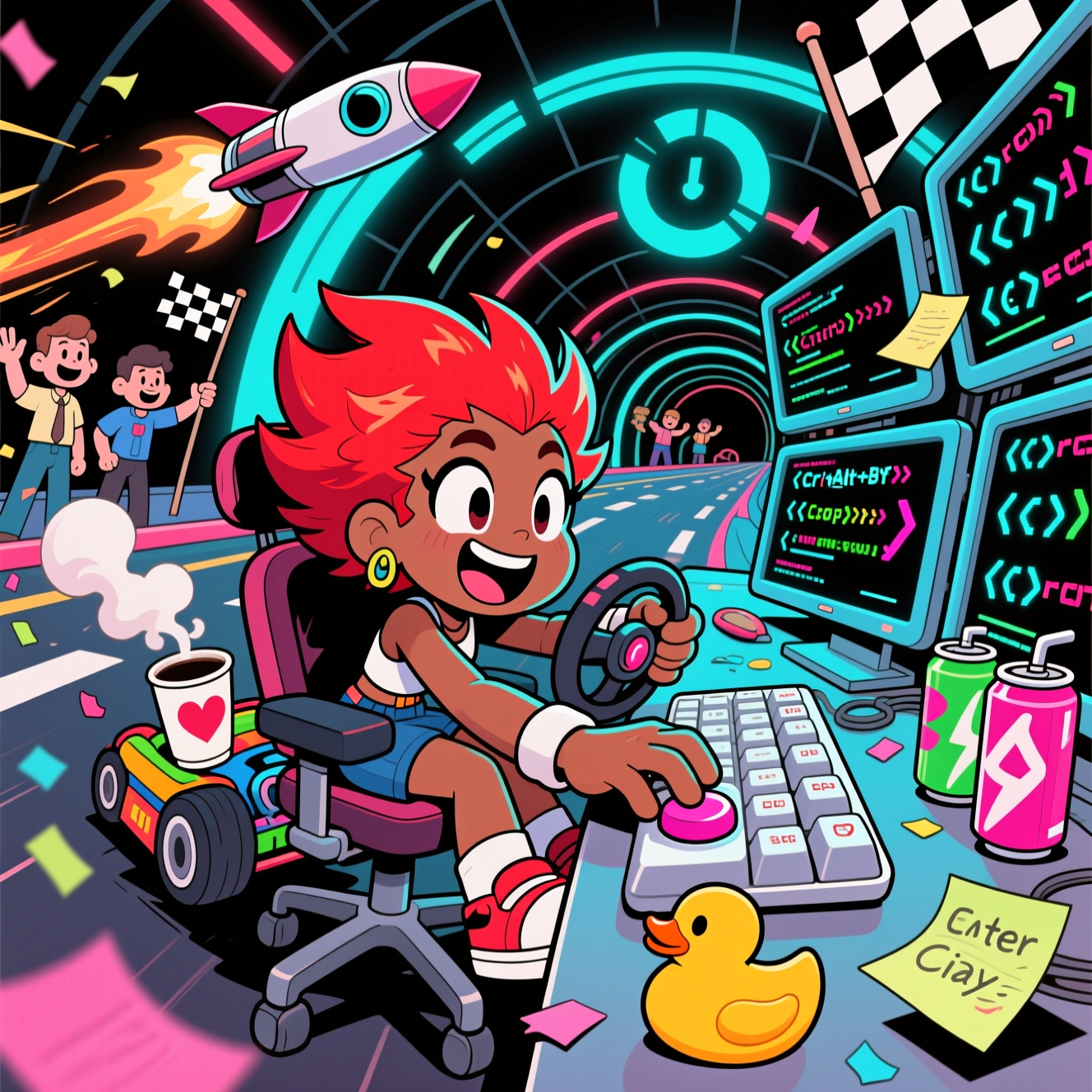 Anime red hair coding computer screen racing, and Farewell Card