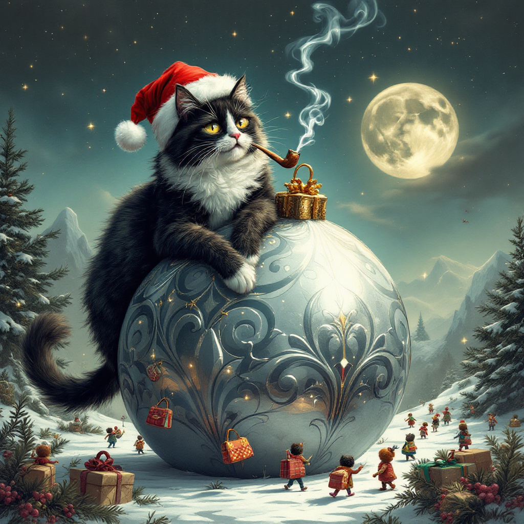 In the whimsical and surreal cartoon scene for Junnet's Christmas card, we find a black and white tabby cat named Smokey, lounging leisurely atop a giant, ornate Christmas ornament, the surface of which gleams with a reflective, silver sheen reminiscent of an old, Art Deco style. Smokey, with his sly half-lidded eyes, is donned in a Santa hat that droops whimsically over one ear. With a tiny, cartoonish puff of smoke curling up from a miniature marijuana pipe balanced precariously in his mouth, he exudes a mischievous yet charming aura. Surrounding Smokey are tiny, animated handbags, each displaying vibrant patterns and colors, ranging from plaid to polka dots, that seem to dance around him in a circular motion, like orbiting planets. Some handbags even have little legs, marching in step like a whimsical, fashionable parade. 

Nearby, a bottle of tequila, oversized and whimsically labeled "El Gato Especial," is tilted on its side, with a small stream of liquid humorously flowing into a martini glass held by a diminutive, grinning mouse who stands on the ornament's surface. The mouse wears a tiny sombrero, adding a playful nod to the festive spirit. Above this fantastical scene, the sky is an inky canvas dotted with twinkling stars and a crescent moon, from which hangs a banner made of glowing fairy lights spelling out "Merry Christmas, Junnet!" The letters sway gently in the imagined breeze, casting a soft, ethereal glow on the entire tableau. In the background, one can spot silhouetted pine trees, their outlines reminiscent of an old-timey animation set, providing a delightful touch of wintery charm to this peculiar yet endearing Christmas card illustration.
Generated with these themes: Black & white tabby cat  smoking marijuana, Tequila, and Handbags.
Made with ❤️ by AI.