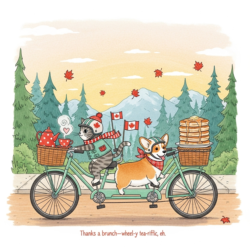 Cats, Dogs , Cycling , Tea, Pancakes , Canada , and Thank-you Card