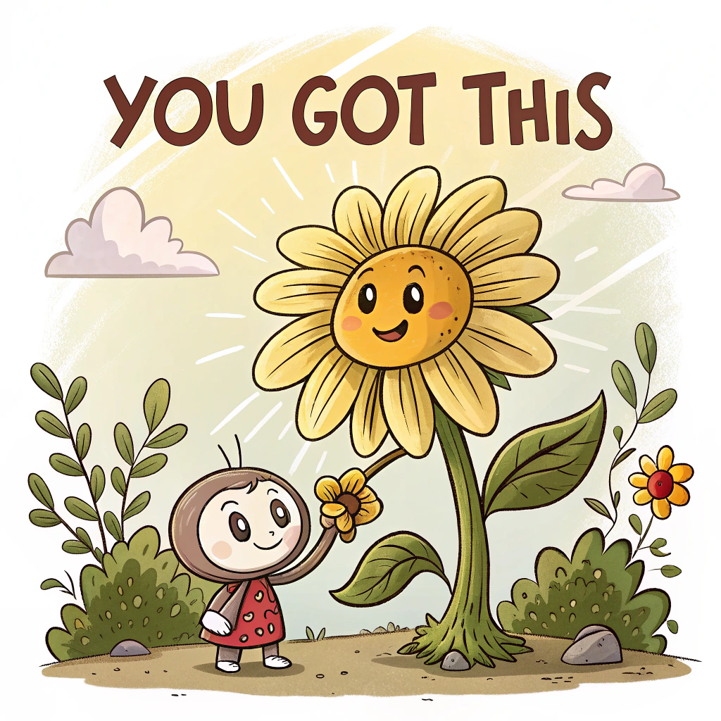 At the top of the image, "You got this":

- In the center of the image, create a heartfelt cartoon scene with a giant sunflower standing tall, its petals slightly drooping, but with a determined expression on its face.
- A smaller flower, perhaps a daisy with big, friendly eyes, is holding up one of the sunflower's petals as if offering support.
- A gentle ray of sunlight shines down, creating a warm, comforting atmosphere around the duo.
Generated with these themes: Flowers, Support, and .
Made with ❤️ by AI.