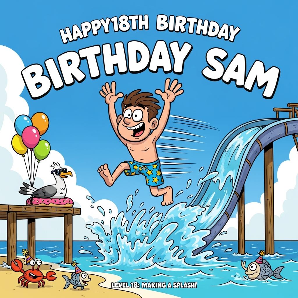 At the top of the Cartoon Style image, Happy18th Birthday Sam

- Full-bleed, playful cartoon beach scene under a big blue sky.
- Center action: a teenage boy with exaggerated proportions (big grin, big hands/feet, messy hair) rockets down a giant wavy sea slide off a wooden pier, splashing into sparkling turquoise water. He wears bright star-pattern swim trunks; arms flung up; dynamic speed lines and huge, cartoony splash arcs.
- Surroundings: balloons tied to the pier, a cheeky seagull in sunglasses bobbing on a donut float, a tiny crab waving from the shoreline, a couple of friendly fish wearing party hats. Keep props fun and text-free.
- Mood: funny, energetic, joyful chaos; the splash shaped like playful confetti swirls.
- Style: thick black outlines, simple bold shapes, bright saturated colors (aqua, sky blue, sunshine yellow, coral orange, hot pink, lime green), bold cel shading, whimsical poses.
- Composition: horizon low, lots of sky for the headline; the boy and splash are the clear focal point; slight low-angle for extra drama.
- Typography for the headline: big bubbly comic lettering with a white stroke and soft drop shadow, arcing gently across the sky without covering the character.
- Add one small, cheeky caption at the bottom in smaller comic lettering: "Level 18: Making a splash!"
- No other text, no logos, no watermarks.
Generated with these themes: Teenage boy playing in the sea, Sliding into the water at the sea, and .
Made with ❤️ by AI.