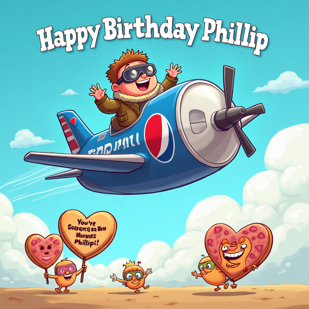Aeroplanes, pepsi max, heart shaped doughnut, pizza, pilot, combats, fleeces, and Birthday Card