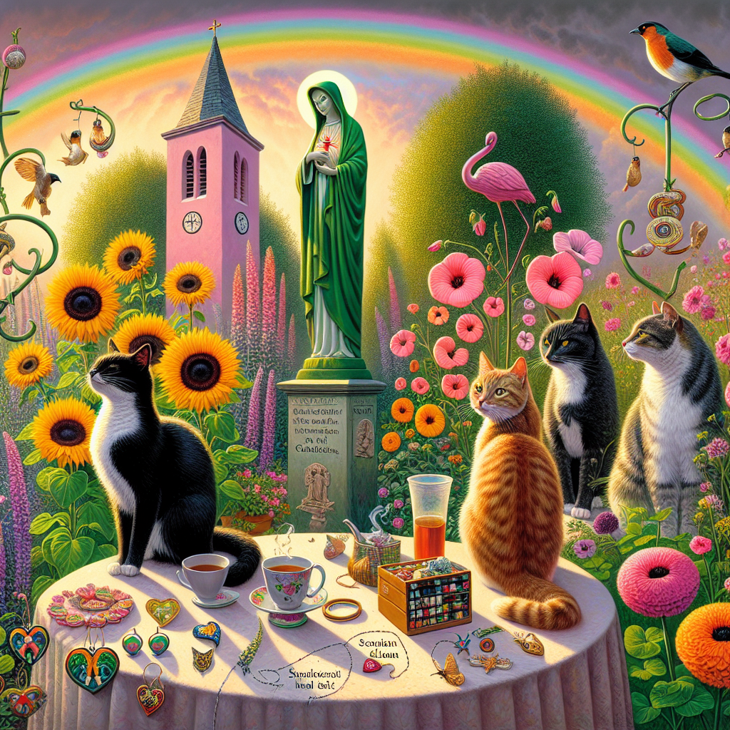 In a mesmerizing garden, inspired by Irish Catholic aesthetics, a tranquil morning unfolds. A vibrant plethora of sunflowers and sweetpeas sway gently in the early breeze, near a Sacred Heart statue. The ambience is further intensified by the mixed scent of brewed tea and the earthy aroma lingering from a recent light rain. Above, a multi-colored rainbow arches across the sky, mirroring the colors on the ground. Three cats, each with its own unique coat—a playful tabby, a sophisticated tuxedo, and a stealthy black one—frolic amidst the floral landscape. The melodic trill of robins combined with the assertive cawing of blackbirds forms a natural symphony. A quaint garden table nearby is decked with a sewing kit, its needle frozen in time next to a set of handmade earrings. Adding an unexpected whimsical touch to the scene is a flamingo statue, standing guard over the serene Mother's Day celebration.
Generated with these themes: Sacred Heart, Irish, Catholic, Tea, Sunflowers , Sweetpea, Rainbow, Tabby cat, Tuxedo cat, Black cat, Robins, Black birds, Earrings, Sewing, and Flamingo.
Made with ❤️ by AI.
