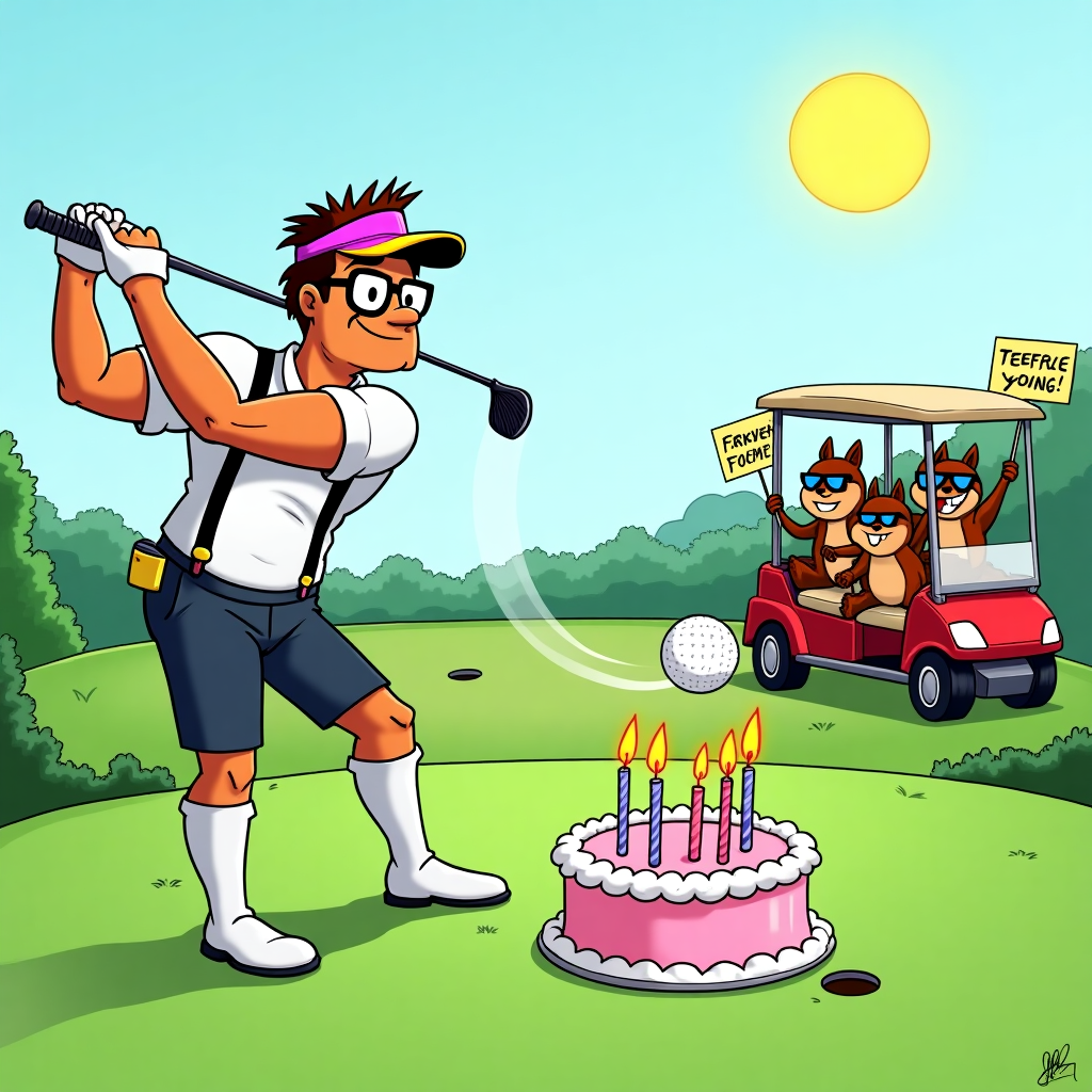 **Prompt:**

At the top of the cartoon image, *Happy Birdie-day, Joe – Par-tee like a pro!*

A hilarious cartoon scene featuring Joe as a totally bodacious, ultra-muscular nerdy golfer mid-swing on a lush, cartoon golf course. He’s wearing thick glasses, high white socks, suspenders over a tight polo shirt stretched over exaggerated muscles, and a neon visor with a pocket protector tucked into his golf belt. His driver is shaped like a lightsaber, and a flying golf ball with birthday candles on it sails through the air toward a massive cake sitting in the hole on the green. A group of golf club-toting squirrels in nerdy glasses cheer from a golf cart in the background, holding signs that read “Fore-ever Young!” and “Tee-rific, Joe!” The sun wears shades and gives a wink in the sky above.
Generated with these themes: bodacious nerdy golfer with muscles.
Made with ❤️ by AI.