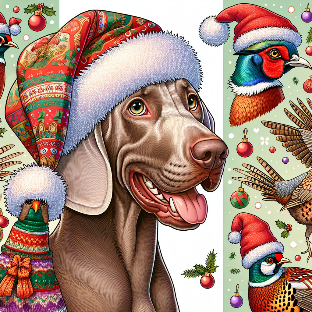 A whimsical cartoon scene unfolds featuring a charming Weimaraner donning a fluffy Santa hat, its eyes sparkling with festive cheer. Beside it, a German Shorthaired Pointer wears a matching Santa hat, its stance proud and merry. A colorful pheasant, adorned with a tiny Santa hat, adds a vibrant touch to the ensemble. Nearby, a partridge and a grouse, both festooned with adorable little Santa hats, complete this cheerful Christmas-themed tableau.
Generated with these themes: Weimaraner with santa hat, German short haired pointer with santa, Pheasant with santa hat  , Partridge with santa hat , and Grouse with santa hat .
Made with ❤️ by AI.