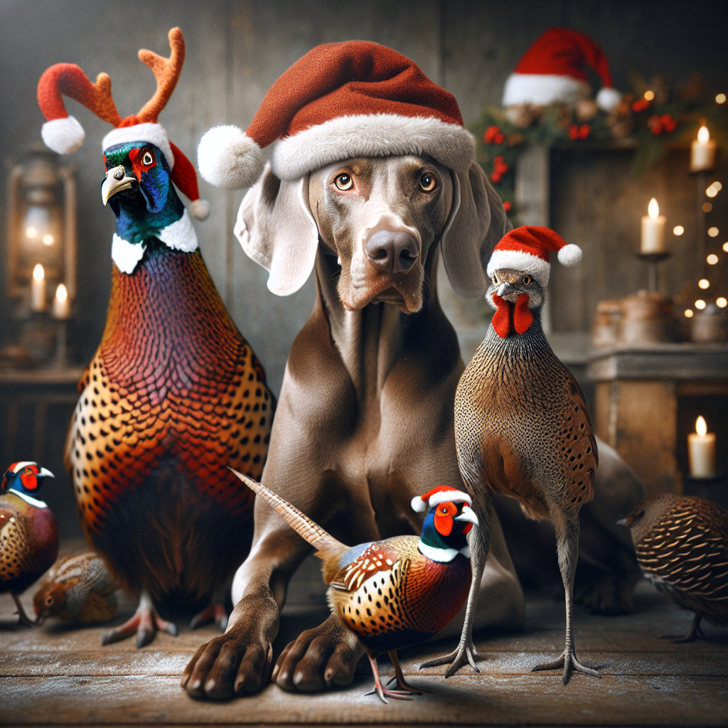 A delightful holiday scene is set with a cute Weimaraner, its fur glistening, as it sports a cozy Santa hat, while a German Shorthaired Pointer poses gallantly beside it, also wearing a Santa hat. Adding a touch of wildlife to the merry crew, a pheasant struts in its own little Santa hat. Complementing the scene, a partridge and a grouse peer out curiously, their heads crowned with miniature Santa hats, embodying the spirit of Christmas.
Generated with these themes: Weimaraner with santa hat, German short haired pointer with santa, Pheasant with santa hat  , Partridge with santa hat , and Grouse with santa hat .
Made with ❤️ by AI.