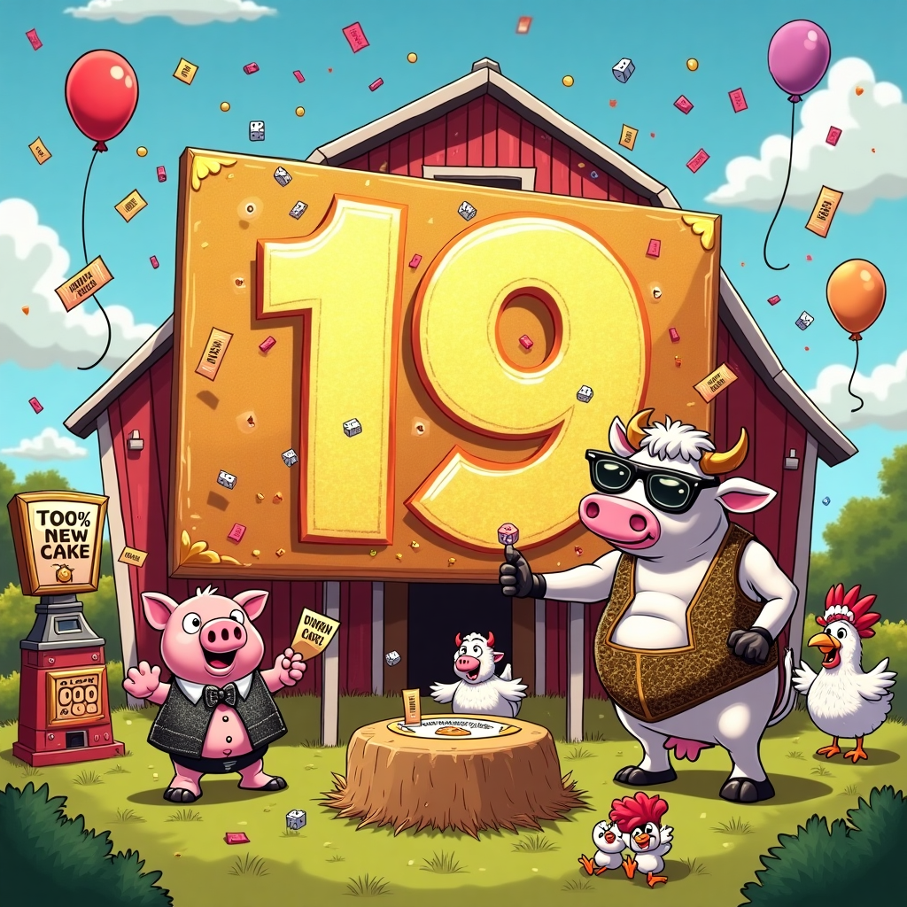 At the top of the illustration image: "Landin, you just hit the JACKPOT—Happy 19th Udderly Lucky Birthday!"

**Image Prompt:**

A hilariously chaotic farm scene with a big red barn in the background, exploding with confetti. A bunch of goofy-looking farm animals are celebrating around a giant glittery golden lottery scratch card stuck in the ground like a billboard. A smug-looking cow in oversized sunglasses and a poker visor is scratching off a giant "19" with its hoof, revealing the words "Birthday Jackpot!" A pig in a sequined vest is playing blackjack at a hay bale table with a confused sheep dealer. Chickens are running wild, throwing dice and lotto tickets in the air. Balloons float everywhere with lucky numbers printed on them, and a banner says "100% Chance of Fun." In the corner, a lottery ticket dispenser shaped like a silo spits out tickets that say "You Win Cake!" while a rooster screams with joy holding a scratcher that reveals “CAKE x3.” Bold colors and cartoon-style illustration, filled with energetic motion and zany farmyard fun.
Generated with these themes: Gambling , Lottery , Scratch Off , 19 , Funny , and Farm .
Made with ❤️ by AI.
