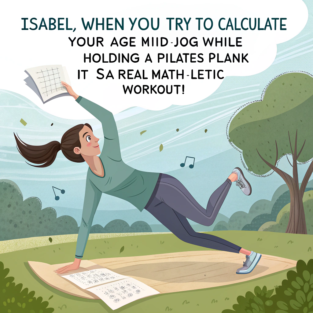 At the top of the image, "Isabel, when you try to calculate your age mid-jog while holding a Pilates plank – it’s a real math-letic workout!"

– Create a realistic photograph of a woman (representing Isabel) mid-jog on a scenic trail, while simultaneously trying to do a Pilates move (like the teaser pose), looking wildly unbalanced and confused.

– She's holding a crumpled notebook with complex math equations scribbled all over it, some flying in the wind behind her.

– A yoga mat is tangled around one ankle like a rebellious ribbon, and a pedometer is blinking “Error.”

– Add background elements like a puzzled squirrel watching her, and a signpost nearby that reads “π-lates Route – 3.14 Miles of Stretch and Sweat.”
Generated with these themes: Jogging, Pilates, and Maths.
Made with ❤️ by AI.