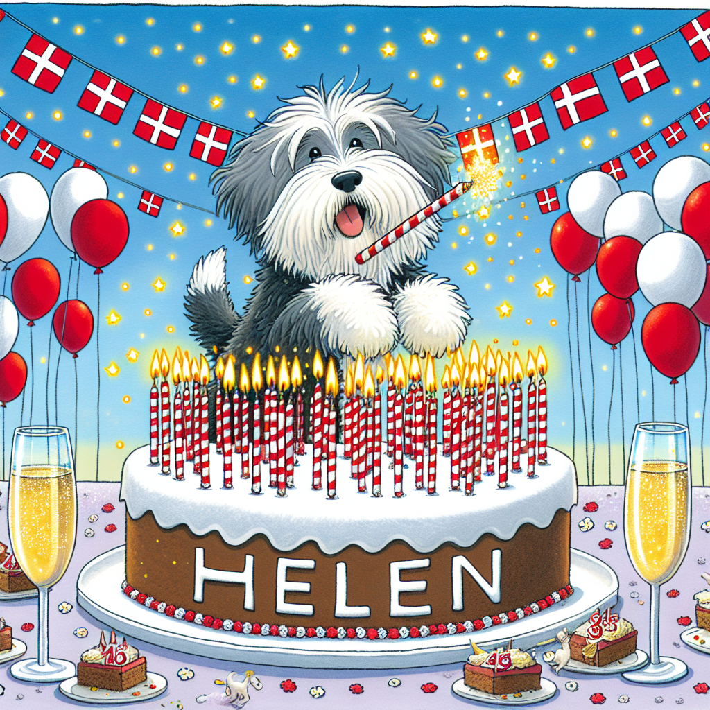 A light-hearted cartoon scene features a grey, white, and black-coated bearded collie jovially attempting to extinguish 48 candles atop a large birthday cake. The name Helen is attractively written in icing on the cake to pay tribute to the birthday person. The background is a clear blue sky dotted with tiny lights that twinkle like distant stars. Danish flags flutter in the wind, lending a patriotic aura while groups of red and white balloons float in the air, signifying festivity. In the front, glasses of sparkling champagne are prepared for a toast to Helen's wellbeing and joy. The sentiment 'Happy' is expressed in refined lettering.
Generated with these themes: A grey, white and black bearded collie blowing out 48 candles on a Birthday cake for Helen, Blue skyes, sparkling lights, Danish flags, Red and white Balloons, Champagne, and Happy Birthday.
Made with ❤️ by AI.