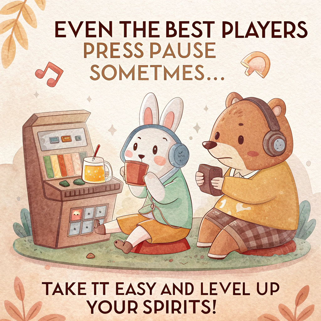 At the top of the image, "Even the Best Players Press Pause Sometimes..."

In the center of the image, illustrate a cozy, watercolor-style bar scene with a group of cute animals – a bear with a controller, a rabbit sipping a carrot cocktail, and a fox with headphones – gathered around an old-school arcade game.

At the bottom of the image, add the text "Take it Easy and Level Up Your Spirits!"
Generated with these themes: Cute animals, a bar, video games, friends , and .
Made with ❤️ by AI.