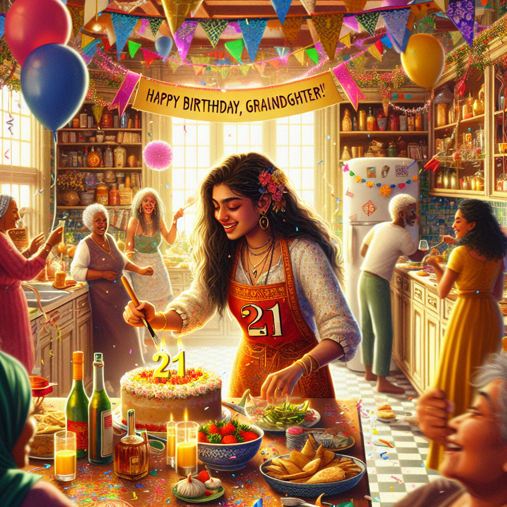 Create an image of a warm and inviting kitchen, brightly adorned with a rich array of decorations emblematic of diverse international holidays. In the heart of this jovial scene, a young South Asian woman, celebrating her 21st birthday, is engaged in cooking, wearing a festive apron marked with the number '21'. The room is alive with streamers, balloons, and a smattering of confetti, while a banner overhead joyously proclaims 'Happy Birthday, Granddaughter!' At the edges of the scene, a mix of guests, including a Black female and a Middle-Eastern male, is engaged in joyful conversation and laughter, embodying the universal celebrations of birthdays.
Generated with these themes: Cooking, Foreign holidays , 21st birthday , Granddaughter , and Parties.
Made with ❤️ by AI.