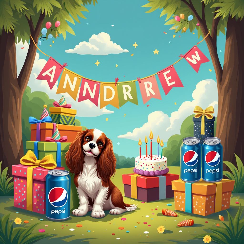 Photo concept of a cavalier king charles spaniel sitting atop a pile of birthday presents with a 6 cams of Pepsi max Pepsi Max nearby., and Happy birthday Andrew text Birthday Card