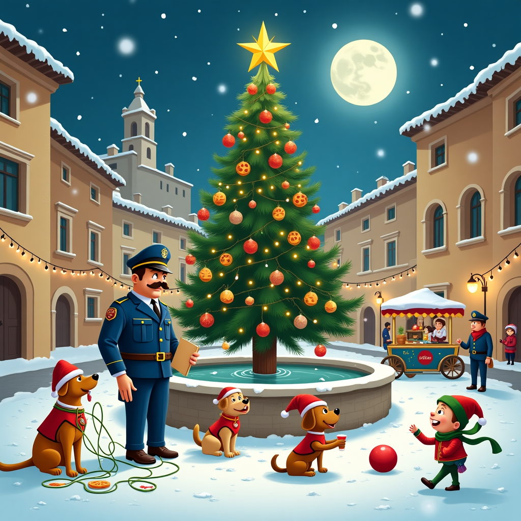 The scene is set in a charming, snow-dusted Italian piazza on Christmas Eve. The centerpiece is a whimsically decorated Christmas tree, towering in front of a quaint, ancient stone fountain. The tree is adorned with twinkling lights, baubles in the shape of pizzas and tiny gondolas, and topped with a glowing, golden star. To the left of the tree, an Italian Polizia officer, dressed in a snug blue uniform with a vintage leather belt and a peaked cap, stands holding a clipboard. His mustache curls like a cartoon villain's, giving him a comically stern look.

Beside him, three spirited police dogs, each wearing Santa hats and tiny red-and-green vests, are causing a festive ruckus. One dog, a golden retriever, has gotten tangled in a strand of bright, blinking Christmas lights. Another, a beagle, is playfully chasing a red rubber ball that has rolled towards a group of carolers. The third dog, a German shepherd, is gently nudging a young child dressed as a tiny elf, who giggles and waves a candy cane.

In the background, the architecture is reminiscent of a bygone era, with arched windows and terracotta rooftops, dusted lightly with snow. Strung across the square are banners of Christmas lights, adding a twinkle to the scene. Nearby, a small gelato cart has been festively converted to serve hot chocolate, with an elderly vendor wearing a red scarf and a jolly smile, pouring steaming cups for passersby.

On the right side of the card, an amusing group of locals is engaged in a lighthearted snowball fight, their bright scarves and hats adding pops of color against the white snow. Above them, a full moon hangs in the clear night sky, casting a silvery glow over the entire scene, where the joyous chaos captures the spirit of a truly Italian Christmas.
Generated with these themes: polizia italiana with dogs .
Made with ❤️ by AI.