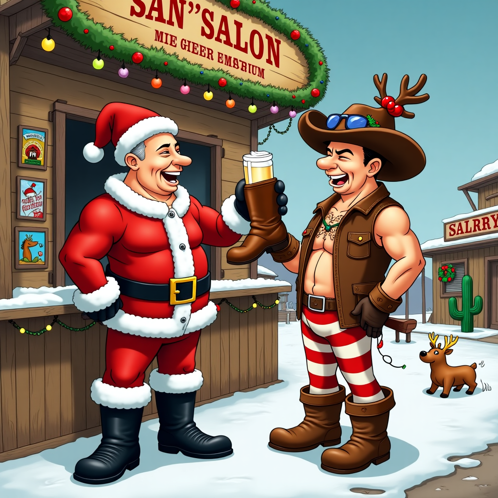 In a bustling cartoonish Wild West town, dusted lightly with snow, a humorous Christmas spectacle unfolds. Front and center, under a sign that reads "Santa's Saloon and Leather Emporium," two flamboyant characters share a hearty laugh. To the left stands a merry gay Leather Daddy, wearing a red Santa hat perched atop his polished bald head, with a white, fluffy trim that matches his jolly leather Santa outfit. His thick black boots gleam as he leans on the bar counter, which is festooned with holly and twinkling fairy lights. To his right, a jovial Gay Cowboy is holding up a comically oversized cowboy boot, filled to the brim with eggnog. His ten-gallon hat, absurdly large and covered in festive decorations, including a tiny string of lights, sits slightly askew on his head, casting a shadow over his twinkling eyes. He's dressed in chaps with a festive twist: candy cane stripes and jingling bells. Behind them, the bar's walls are adorned with colorful, vintage Western Christmas posters and a mounted reindeer head wearing sunglasses and a wreath. Through the saloon's open doors, you can glimpse a pair of cacti strung with colorful lights, their spiky arms hosting ornaments. A lone tumbleweed, whimsically topped with a Santa hat, rolls past the scene, adding a touch of Charles Schulz's simplicity and Bill Watterson's playfulness. In the corner, a radio plays holiday tunes, while a small group of cartoon animals, a nod to Walt Disney, dance in festive attire. The scene captures the lively camaraderie of this unique duo, blending the spirit of Christmas with a dash of cheeky Western charm.
Generated with these themes: Gay Leather daddy, Gay Cowboy, and Funny scene.
Made with ❤️ by AI.