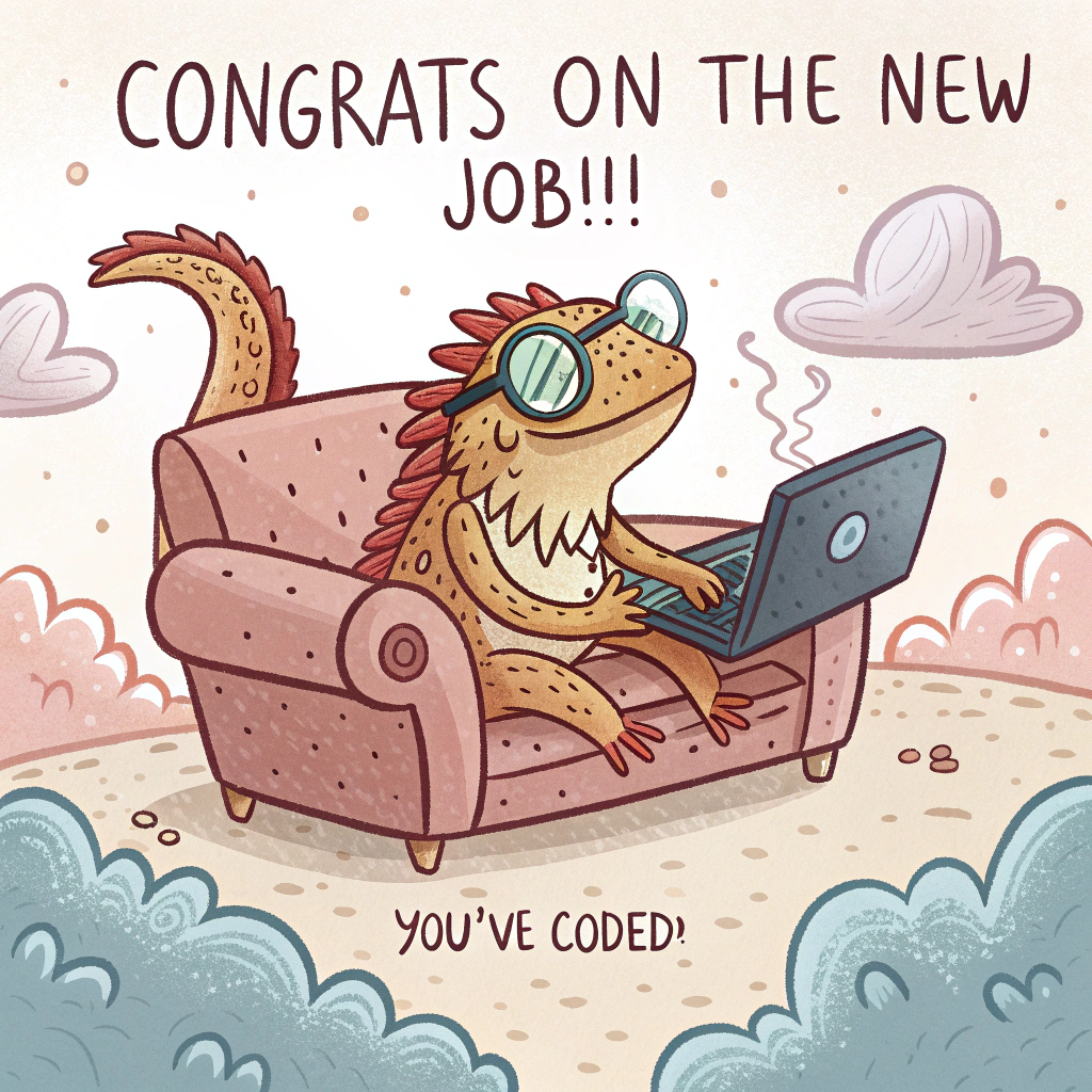 Bearded dragon, coding, sofa, laptop, clouds, crochet, and Congratulations Card