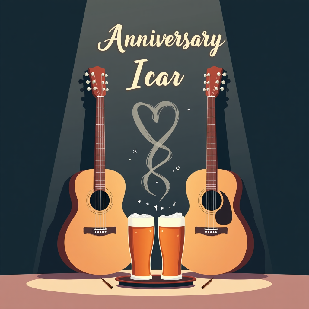 At the top of the Vector Style image, "Happy Anniversary Ian" in elegant modern script, warm cream lettering with subtle heart accents, centered and spacious.

Full-bleed portrait, clean flat-vector art with crisp lines, solid color blocks, and minimal gradients. Deep midnight navy background with a soft blush spotlight behind the focal elements. Center stage: two stylized acoustic guitars in warm wood oranges and rose browns, mirrored and slightly tilted inward; their necks cross like an X and the negative space between their bodies subtly forms a heart. At the lower center, two tall amber beer glasses clink, simple white foam splash shaping a tiny heart between them, with a few minimalist sparkle stars and tiny music-note icons floating upward. To the lower right, a pair of slim cigars rests on a small geometric tray; a smooth ribbon of smoke curls up and around the guitars, tracing a large heart halo. Shadows are simple flat shapes; edges razor-clean; no textures.

At the bottom in small, playful type: "Tuned, brewed, and smitten."
Generated with these themes: Guitars, Beer, cigars, and .
Made with ❤️ by AI.