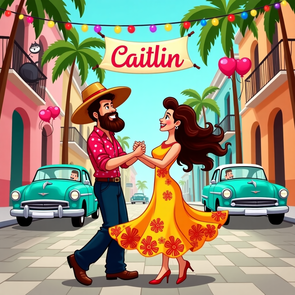 Imagine a vibrant and bustling Cuban street scene, bursting with color and character, perfect for a cartoon-style Valentine's Day card. 

In the center of the scene, a dynamic duo twirls in a passionate salsa dance. The bearded man, wearing a wide-brimmed, woven straw hat, dons a red and white polka dot shirt paired with loose-fitting black pants. His beard is full and cartoonishly exaggerated, curling whimsically at the ends. The brunette woman, with a cascading mane of voluminous curls, spins beside him in a flowing, bright yellow dress adorned with swirling red and pink floral patterns. Her dress fans out dramatically as she spins, creating a sense of movement and energy.

The background depicts a lively Cuban street lined with pastel-colored buildings in hues of pink, turquoise, and sunshine yellow. Vintage cars in eye-catching shades of teal and coral are parked alongside the cobblestone street. Palm trees sway gently in the imaginary breeze, their fronds arching over the scene with a playful sense of rhythm.

Above the dancing pair, a banner stretches between two buildings. It is decorated with colorful strings of festive lights. The banner reads "Caitlin" in bold, swirling script, with a heart replacing the dot over the 'i.' Balloons in the shapes of hearts float whimsically in the background, their strings held by off-scene characters.

To capture the charming essence reminiscent of artists like Charles Schulz and Bill Watterson, the characters' expressions are exaggerated with wide eyes and animated gestures, adding a touch of humor and whimsy. The scene is filled with little details, such as a small cartoon cat with a knowing smirk lounging on a nearby windowsill, observing the dancers with amused curiosity.

This colorful, lively depiction of a salsa-infused Valentine's celebration brings to life a joyful fusion of romance and cultural vibrancy.
Generated with these themes: Salsa dancing romantic , Cuban, Bearded man, Brunette woman, and .
Made with ❤️ by AI.