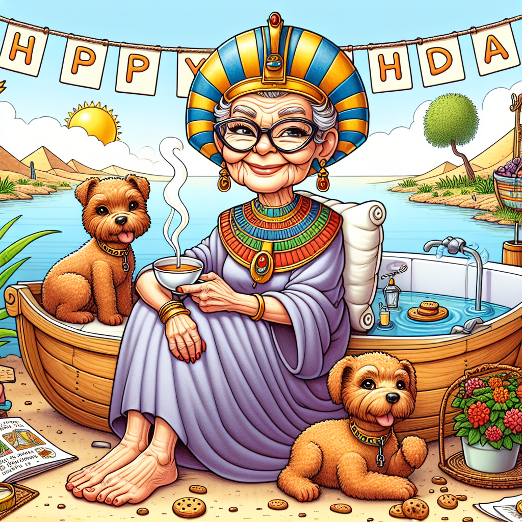 94 year old woman with ginger hair as an egyptian pharaoh sitting on a boat on the Nile River, Glasses on a chain around her neck, 1 small brown dog and 1 small yellow dog, Gardening, Hot tub, Cup of tea and biscuits, and Happy Birthday in the background Birthday Card