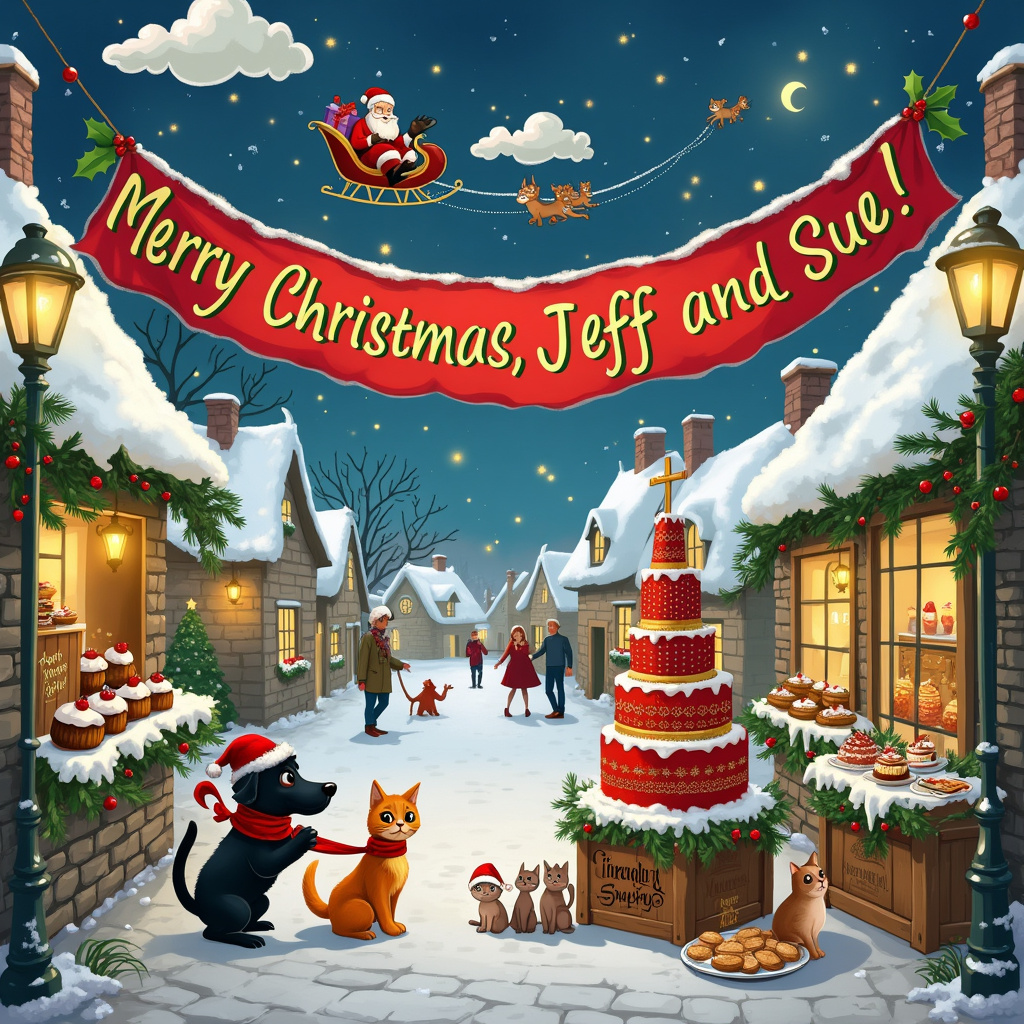 Small black dog, Cats, Cake, Vodka , and Cornwall Christmas Card