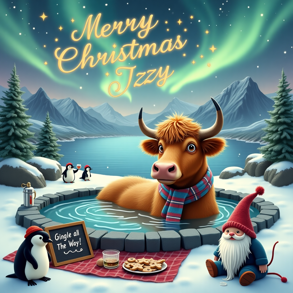 Cute, thin, female Highland Cow drinking Gin while at a hot spring in Iceland Christmas Card