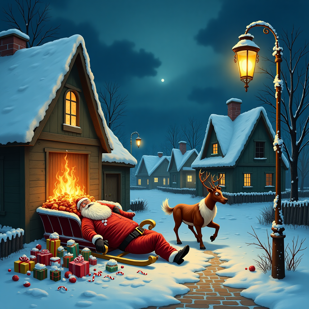 Santa has crashed his sleigh into a house and is knocked unconscious, The sleigh and presents are broken and on fire, and An evil Rudolph the red nose reindeer is approaching Santa Christmas Card