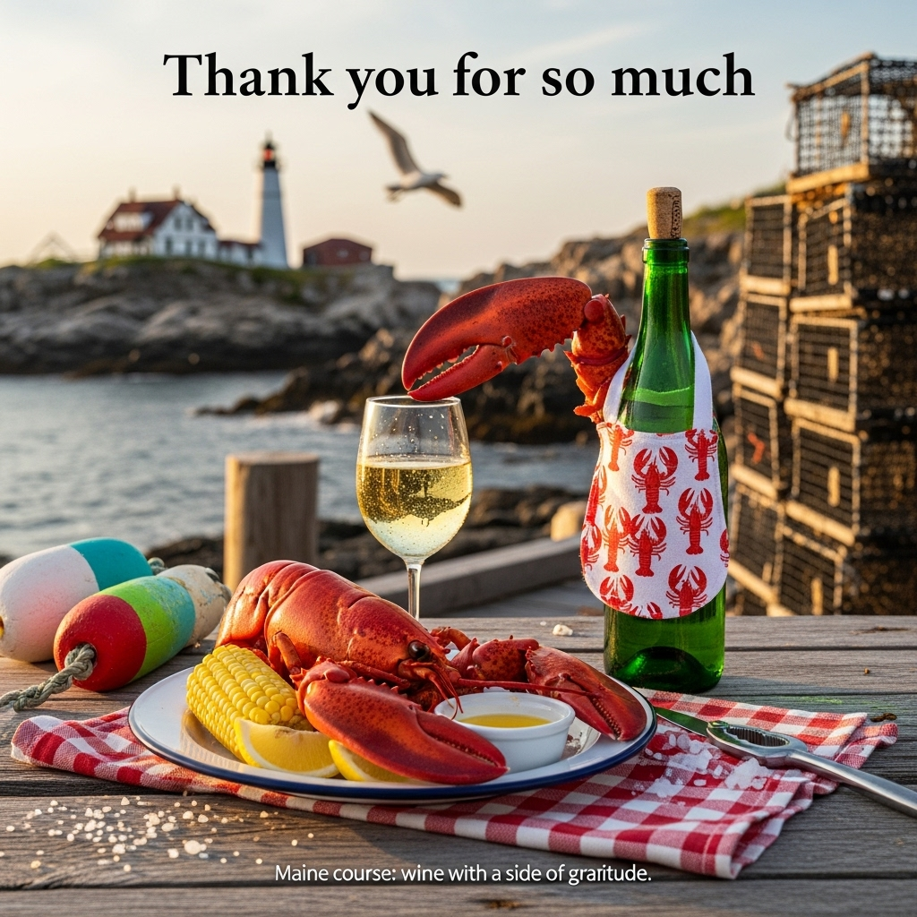At the top of the Photorealistic picture taken from a camera image, Thank you for so much 

Ultra-high-definition 4K UHD photograph with accurate lighting, lifelike textures, and rich depth of field, capturing a true-to-life scene. Golden-hour dinner on a weathered dock along the rocky Maine coast. Foreground: a steaming bright-red Maine lobster on a white enamel plate with corn on the cob, lemon wedges, and a ramekin of melted butter catching the light; a chilled glass of white wine beaded with condensation beside a green bottle wearing a tiny lobster-patterned bib for a humorous touch. Angle one lobster claw so it lightly pinches the wine cork, as if raising a toast. Tabletop is a red-and-white checkered cloth with scattered sea salt crystals, a lobster cracker, and a couple of colorful buoys off to the side. Background softly out of focus: an iconic Maine lighthouse perched on granite cliffs, gentle Atlantic swells, a gull gliding by, and a neat stack of lobster traps. Warm, low sun rakes across the scene, highlighting micro-textures—wood grain, shell, glass, butter sheen—while keeping the food and wine tack-sharp and the coastline creamy with bokeh. Shot on a full-frame DSLR, 50mm lens, f/4, ISO 200, 1/250s. Natural color grading, inviting and cozy, with a subtle vignette; no people.

Add one small, cheeky caption near the bottom in a clean handwritten-style white script with a soft shadow for legibility: Maine course: wine with a side of gratitude.
Generated with these themes: Wine, dinner, maine, and .
Made with ❤️ by AI.
