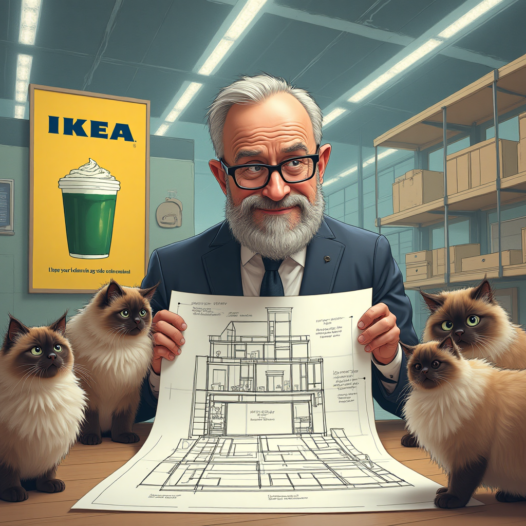**Image Prompt:**

Capture a hilariously whimsical scene where a distinguished Architect with glasses is standing inside a vast, intricately designed IKEA showroom. He's meticulously studying a blueprint for a cat tower, while a group of fluffy Ragdoll Cats eagerly peer over his shoulders, paws pressing on the blueprints with curious eyes. Nearby, a Manga-style poster of a giant matcha latte cup adds a touch of vibrant charm to the space. The architect seems to be humorously perplexed, holding a tiny IKEA Allen wrench like a magical tool, as if it might unlock the secrets of feline architecture.

**Text Caption (small, placed at the bottom):**

"Hope your birthday is purr-fectly constructed!"
Generated with these themes: Ragdoll Cats, Psychology , Architect Guy with glasses , Manga , Matcha, Ikea, and .
Made with ❤️ by AI.