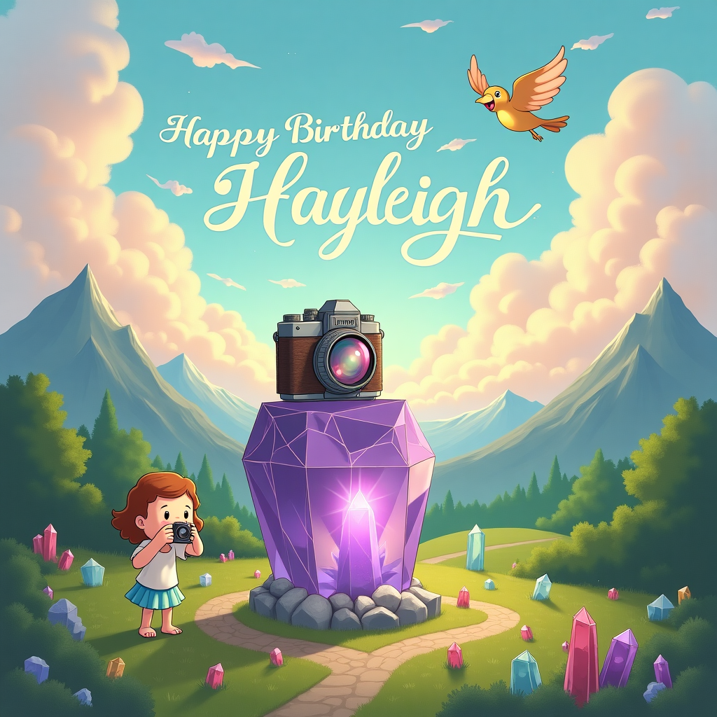 In the center of this whimsical and solemn birthday scene, a wise old camera with a vintage look, resembling a character straight out of a cartoon, sits atop a large, sparkling amethyst crystal pedestal. Its lens, serving as an eye, looks inquisitively through a mystical quartz prism that refracts light into a kaleidoscope of colors. To the left, an ethereal figure of a young child, reminiscent of Calvin and Hobbes, but with an aura of spirituality, is caught in the act of snapping a photograph with a small, point-and-shoot camera, her expression a mix of wonder and contemplation. 

Surrounding the central crystal pedestal, various smaller crystals — rose quartz, citrine, and aquamarine — dot the lush, verdant ground, which is illustrated in a way that echoes the dreamlike quality of Little Nemo in Slumberland. They are arranged in a circular pattern, as if they are a spiritual gathering of elements sharing an unseen dialogue. Above, the sky is a tapestry of soft, swirling clouds with hues of pastel pinks and purples, akin to a scene from a Studio Ghibli film. The clouds cleverly morph into the letters of "Happy Birthday Hayleigh," as if being spelled out by a mischievous wind. A small bird, reminiscent of a friendly character from a Disney film, flies by, carrying a tiny banner that reads "Capture the Moment," tying in the photography theme.

In the far background, a peaceful mountain range outlines the horizon, with peaks that have a faint glint of embedded crystals, reflecting the magical nature of this scene. A path, winding like a gentle snake, leads from the mountain to the foreground, suggesting a journey of discovery and wonder, as though inviting Hayleigh to explore her birthday world filled with mystical and photographic marvels.
Generated with these themes: Crystals, Photography, and Spiritual.
Made with ❤️ by AI.