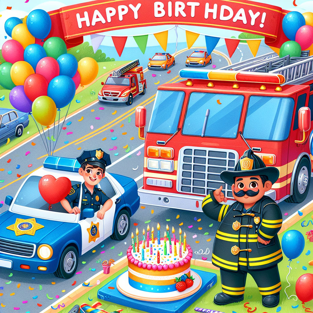 Illustration of a delightful birthday scene. A friendly Middle-Eastern police officer is cheerfully waving from his car, with a Hispanic firefighter standing next to a vibrant red fire truck, ready to join the festivities. The roads are filled with brightly colored cars bedecked with multicolor balloons and streamers. Near the road, an inviting table laden with a grand cake sits under a banner displaying 'Happy Birthday!', amidst a shower of colorful confetti.
Generated with these themes: Police , Fire truck , and Cars.
Made with ❤️ by AI.