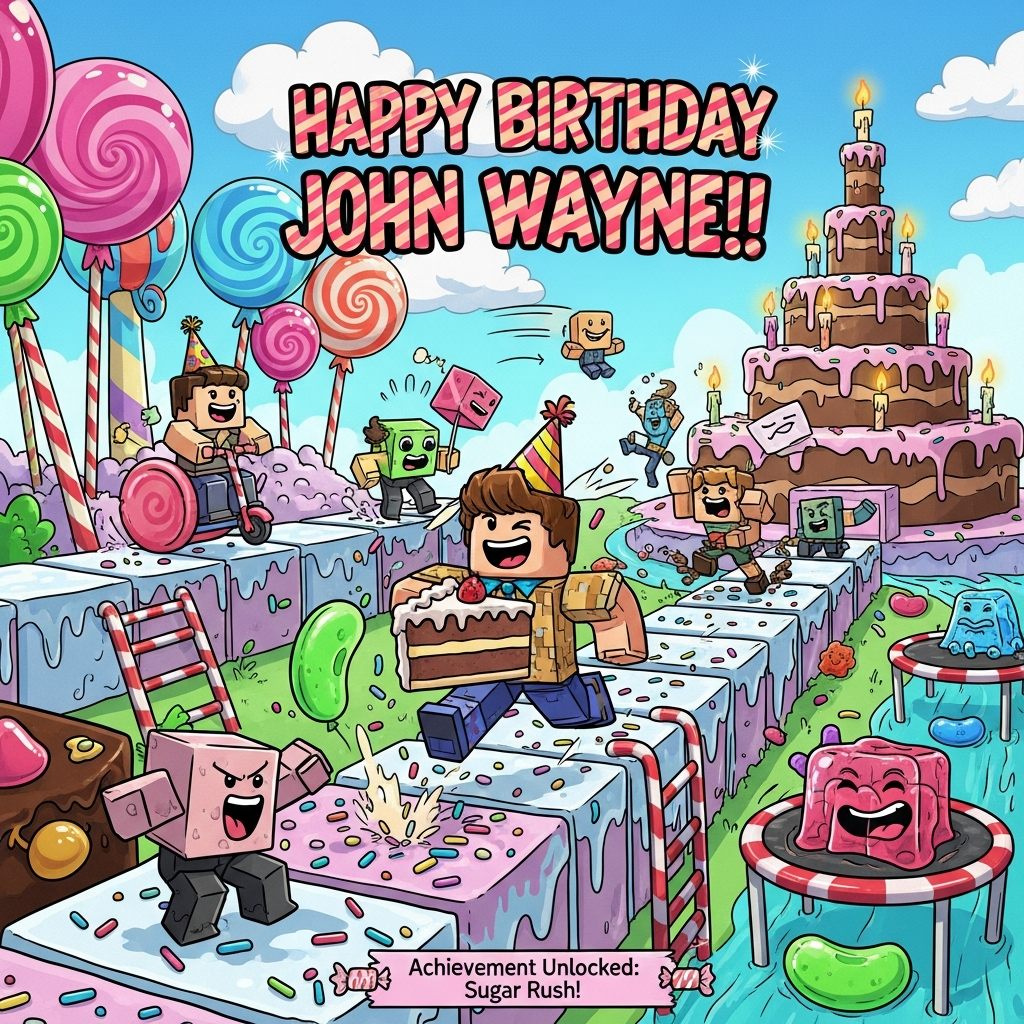 At the top of the Cartoon Style image, "Happy Birthday John Wayne!!"

Playful, funny Cartoon Style scene with exaggerated proportions, thick black outlines, and bright saturated colors. A candy-land “obby” inspired by Roblox: frosted block platforms, candy-cane ladders, jellybean jump pads, and gummy-bear trampolines. Center focus: a grinning blocky avatar in a party hat sprinting mid-air over sprinkle tiles, clutching a pixel-block slice of cake as confetti and icing explode around them. Friends in goofy, blocky forms tumble and laugh—one rides a giant lollipop like a scooter, another stuck inside a wobbly jelly cube, a third sliding across a chocolate river. Background: towering lollipop forest, marshmallow clouds, and a massive tiered cake-castle built from candy-colored blocks, candles blazing. Cube-shaped balloons, streamers, motion lines, and big expressive faces for humor. Bubblegum pink, electric blue, lime green, and lemon yellow palette with glossy candy shine. Render the headline in big candy-striped bubble letters with a chunky outline and a sugary sparkle.

Small extra text near the bottom on a candy sign (single line): Achievement Unlocked: Sugar Rush!
Generated with these themes: Roblox, Candy, and .
Made with ❤️ by AI.