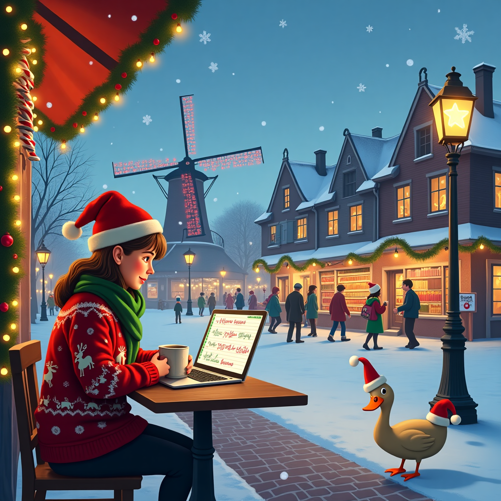 In a bustling Dutch town square blanketed with a light dusting of snow, a humorous Christmas scene unfolds. Center stage is a young accountant girl, sitting comfortably at a wooden café table under a festively decorated awning. She’s bundled in a cozy, oversized red Christmas sweater adorned with dancing reindeer and a green woolen scarf. A warm mug of steaming hot cocoa, topped with marshmallows, sits beside her high-tech silver laptop that’s humorously open to a spreadsheet filled with formulas turned into Christmas carols. Around her, the scene buzzes with quirky holiday chaos. Dutch houses, their gabled roofs dusted with snow, frame the backdrop, each window glowing with soft, golden light. A traditional windmill, whimsically wrapped in twinkling fairy lights, spins lazily in the distance, its large blades adorned with oversized Christmas ornaments. Nearby, a line of exuberant children wearing clogs make snow angels on the cobblestone, their giggles illustrated with cartoonish sound effects. To the left, a playful elf, dressed in a cheeky green outfit complete with a floppy hat, stands on a street corner trying to calculate the number of candy canes he needs to fill Santa’s sleigh using a giant abacus. A tulip-shaped lamppost sheds light on the scene, with a star at its top, casting a gentle glow over the bustling holiday market stalls filled with traditional Dutch treats like stroopwafels and oliebollen. The sky above is a swirling canvas of deep blue and lavender, peppered with snowflakes that sparkle like stars. In the foreground, a curious little duck wearing a tiny Santa hat waddles by, peeking curiously at the accountant’s laptop screen, as if trying to join in on the Christmas accounting fun.
Generated with these themes: christmas accountant girl in the netherlands with laptop.
Made with ❤️ by AI.