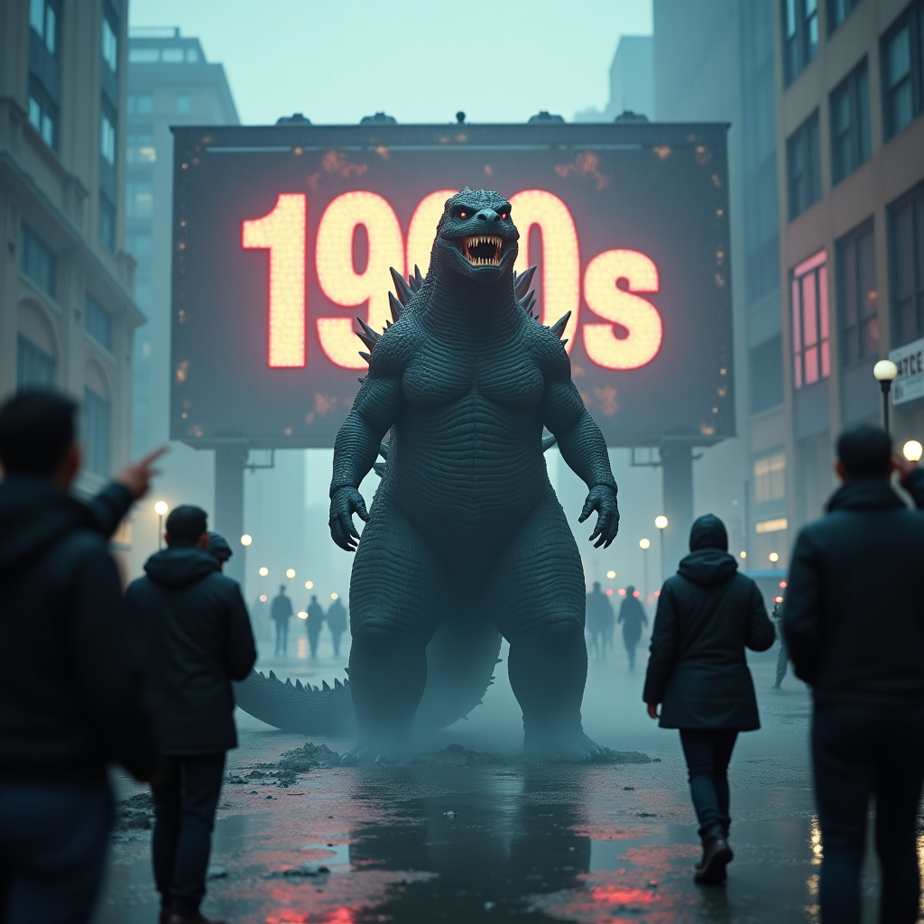 At the top of the realistic photograph image: *"Happy Birthday Ryan — Even Godzilla thinks the 90s were a mistake."*

**Prompt for image:**

A solemn, realistic-style photograph of a rainy, overcast cityscape in muted grey and blue tones. In the middle ground, Godzilla—designed exactly as he appeared in the 1998 movie—is stepping through a giant, flickering cinema screen labeled “1990s,” emerging into the real world. His expression is one of visible regret and disgust, captured mid head-shake as water drips from his snout. The ruined movie marquee sparks behind him. People around are too stunned to flee—some pointing, some shielding their eyes. Puddles on the ground reflect Godzilla's grimace and the fractured title of the film behind him. The mood is serious yet laced with dark, tongue-in-cheek humor, suggesting a sense of deep birthday reflection mixed with playful self-awareness.
Generated with these themes: Godzilla walking out of the 90s movie he was in , shaking his head in disgust . .
Made with ❤️ by AI.