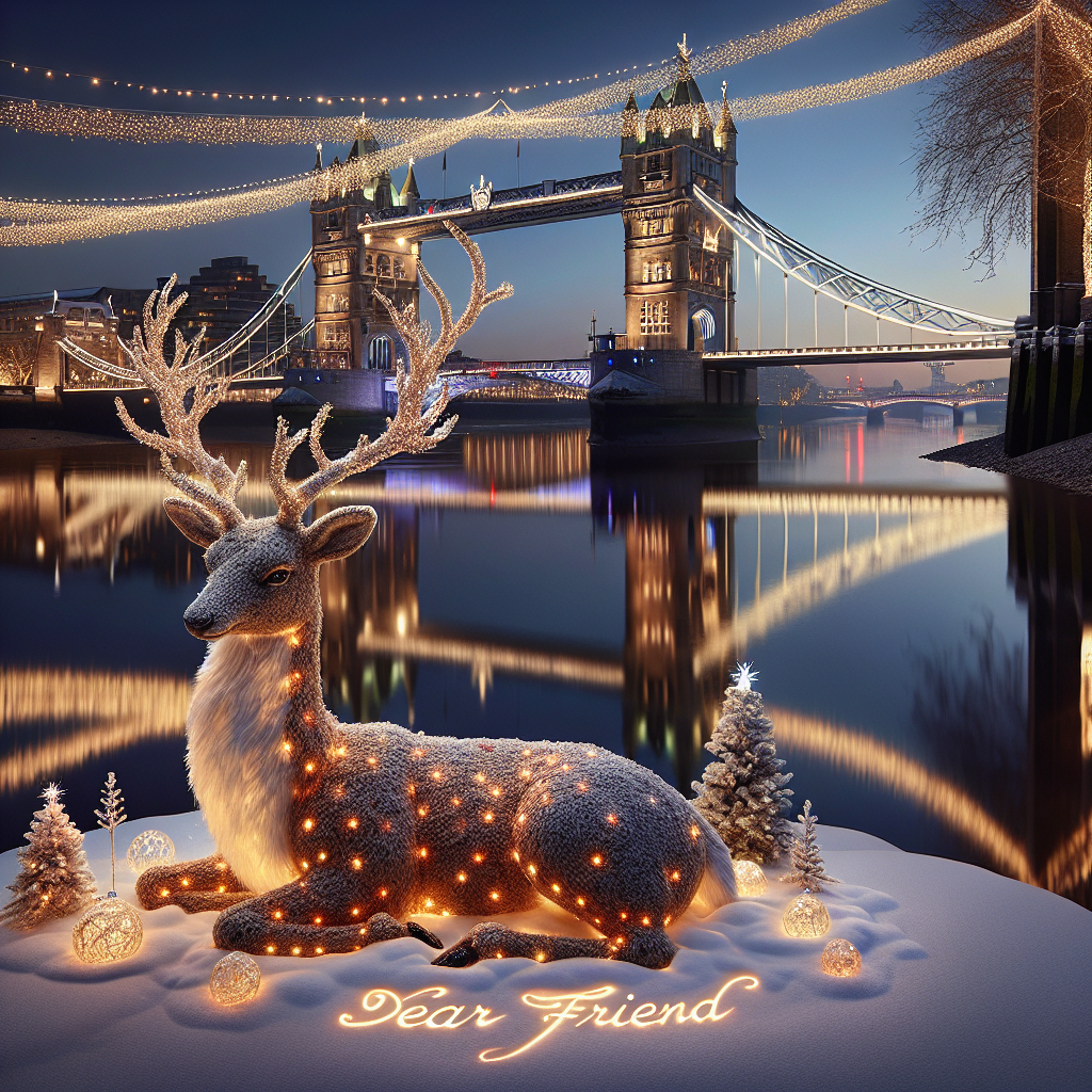 In the serene twilight of a Christmas Eve, the London Bridge comes to life, softly illuminated by the golden gleam of string lights that reflect onto the gentle ripples of the Thames below. Standing majestically in the middle of this iconic scene is a beautifully rendered reindeer, its fur realistic and thick, perfect for the season's chill. Its antlers are subtly entwined with delicate fairy lights, casting a magical aura around it. Etched carefully in elegant cursive into a patch of snow spared from the footfalls of passersby, is the greeting 'Dear Michelle,' executed flawlessly and with great care to stand out as the beacon of personal touch within this enchanting tableau.
Generated with these themes: Reindeer , and London Bridge.
Made with ❤️ by AI.