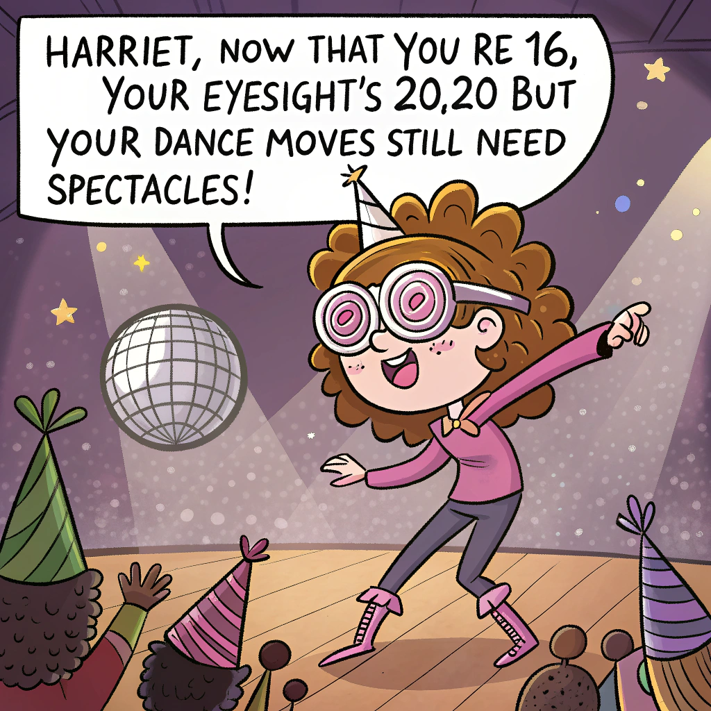 At the top of the image, "Harriet, now that you’re 16, your eyesight's 20/20—but your dance moves still need spectacles!"

- Depict a playful cartoon scene of teenage Harriet at a birthday party wearing huge, exaggerated novelty glasses (think spiral lenses and glittery frames), striking a dramatic pose mid-dance.  
- A disco ball overhead throws sparkly lights while an audience of grannies wearing party hats cheer her on with walkers and pom-poms.  
- One grandma points at Harriet and says, "She got her moves from me… and her specs!"  
- Add birthday banners in the background that read “Sweet 16 & Slightly Blurry!”
Generated with these themes: Spectacles, and Granddaughter.
Made with ❤️ by AI.
