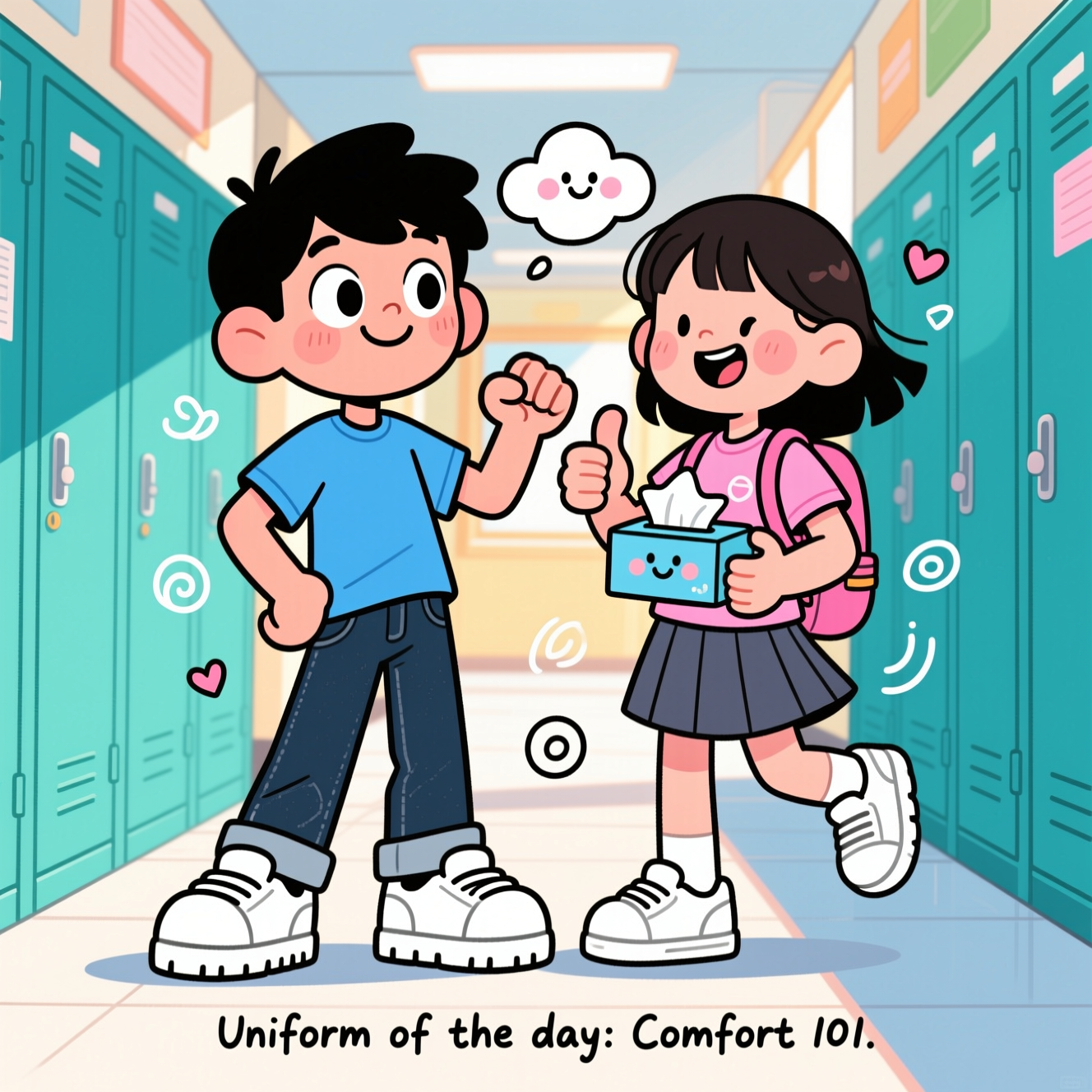 This is school uniform sample. The boy wears jeans or trousers and t-shirt. The girls wears skirt and t-shirt. The colors are blue or green or white for boy and pink or white for girl. The shoes are trainers. The uniforms are cool and comfortable, and Sympathy Card
