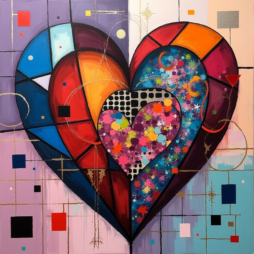 Front and center, two intertwined hearts—"cuori intrecciati"—boldly take shape in a fantastical and abstract form. One heart, a striking amalgamation of Kandinsky-inspired geometric patterns, is a vivid patchwork of red, fuchsia, and cerulean blue triangles and circles, intersected with black and white checkerboard lines reminiscent of Mondrian. The second heart, echoing Pollock’s energetic splatters, is an explosion of vibrant magenta, tangerine, and lime green, with spontaneous drips and spatters that seem to dance across the canvas.

The background transitions softly from a Rothko-like layering of deep plum to a gentle mauve, creating a tranquil backdrop for the vivid foreground. Scattered across this background, de Kooning-inspired bold, irregular brushstrokes in gold and silver sweep and swirl, providing depth and dynamic movement.

A grid of soft pastel rectangles and squares, echoing Agnes Martin’s minimalist sensibility, subtly overlays the entire scene, lending a delicate structure amidst the chaos. Here and there, a few abstract shapes—Miró-esque stars, orbs, and squiggles in buttery yellow and teal—float whimsically, adding a playful touch.

In the corners, small, stylized forms inspired by Malevich, simple but strikingly effective, serve as anchors: a black square, a white circle, a red triangle, and a blue cross, each balancing the exuberance of the central imagery.

Twombly’s influence can be seen in faint, looping scribbles of chalky white that weave in and out, tracing invisible paths across the hearts and background, lending a sense of interconnectedness and gentle rhythm to the scene.

Finally, a faint, almost translucent sheen of pearlescent paint coats the entire card, giving it a shimmering quality that changes as it catches the light, much like the reflective surfaces in Richter’s abstract works. This sheen invites the viewer to explore the layers, textures, and unexpected harmony of the Valentine’s scene, making it a delightful visual journey of love intertwined in abstract wonder.
Generated with these themes: cuori intrecciati.
Made with ❤️ by AI.