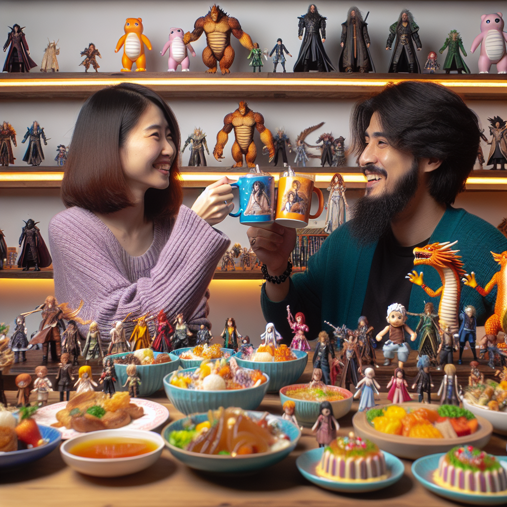 A heartwarming and vibrant scene showcases an East Asian woman and a Middle Eastern man celebrating their anniversary in a cozy living room filled with miniature non-specific fantasy figurines lined up on the shelves. The couple is toasting to their shared memories with unique mugs, each capturing the essence of vibrant, whimsical characters from a popular fictional universe. A table is set in the middle of the room adorned with an array of appetizing food dishes, each appearing as if they jumped straight out of an animated world, offering a feast to the senses.
Generated with these themes: Warhammer, one piece, food.
Made with ❤️ by AI.