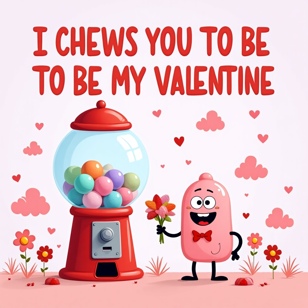 Valentines card with hearts and flowers that readys "I chews you to be my valentine" Valentines-day Card