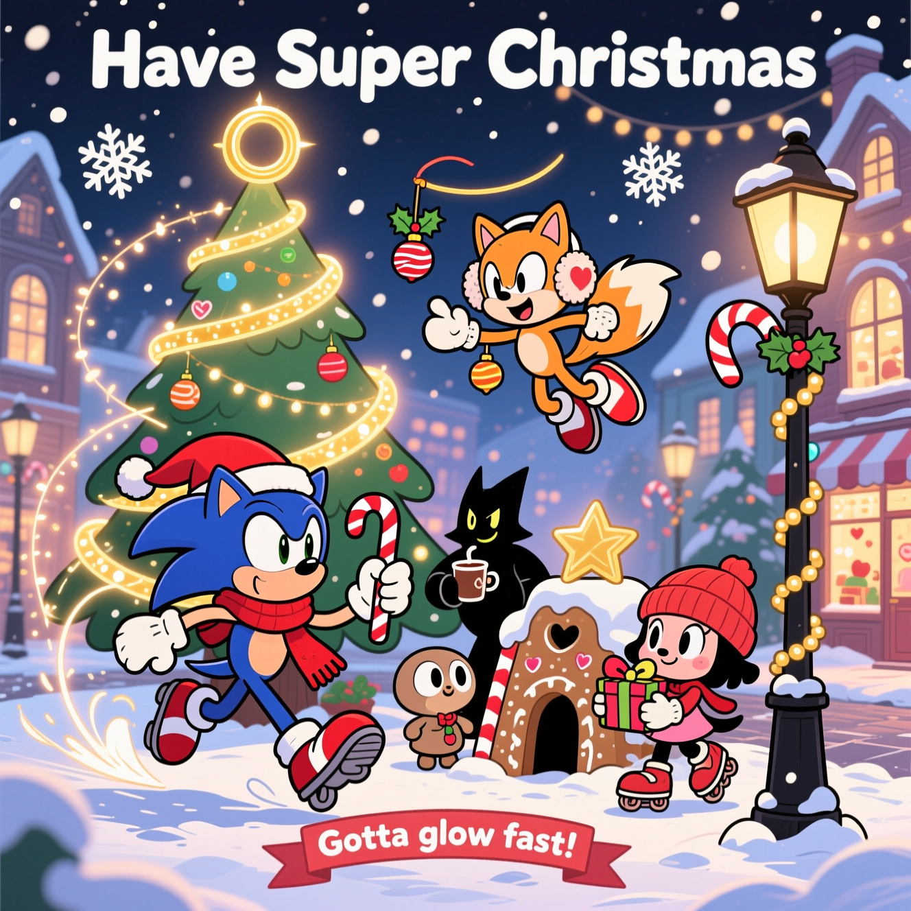At the top of the Cartoon Style image, Have a super Christmas 

Cute Christmas, Cartoon Style, full-bleed scene with playful cartoon characters, exaggerated proportions, thick black outlines, bright saturated colors, and whimsical, energetic poses. In a twinkling snowy town square, a giant Christmas tree shaped like a golden ring glows warmly. Sonic wears a Santa hat and red scarf, dashing past with a sparkling ring-shaped trail in the snow and a candy cane in hand. Tails hovers mid-air with his twin tails, cheerfully hanging ornaments while wearing fluffy earmuffs and mittens. Shadow stands cool beside a tinsel-wrapped lamppost, sipping hot cocoa, a tiny holly sprig and a soft smile. Knuckles playfully builds a gingerbread snow fort with candy-cane stripes, flexing in oversized mittens and a beanie. Amy Rose twirls on skates, presenting a heart-wrapped gift; her bow bounces as swirl lines form little hearts. Add cute Chao carolers, ring- and star-shaped snowflakes, candy-cane lamp posts, cozy shop windows, soft bokeh lights, and gentle snowfall. Composition: characters clustered around the glowing tree, dynamic motion lines, big expressive eyes, soft cel shading, glossy highlights, no harsh realism. Place a small ribbon banner near the bottom center with the single short line: Gotta glow fast! Include only these two text elements; no other text or logos.
Generated with these themes: Sonic, tails, shadow, knuckles, amy rose, and .
Made with ❤️ by AI.