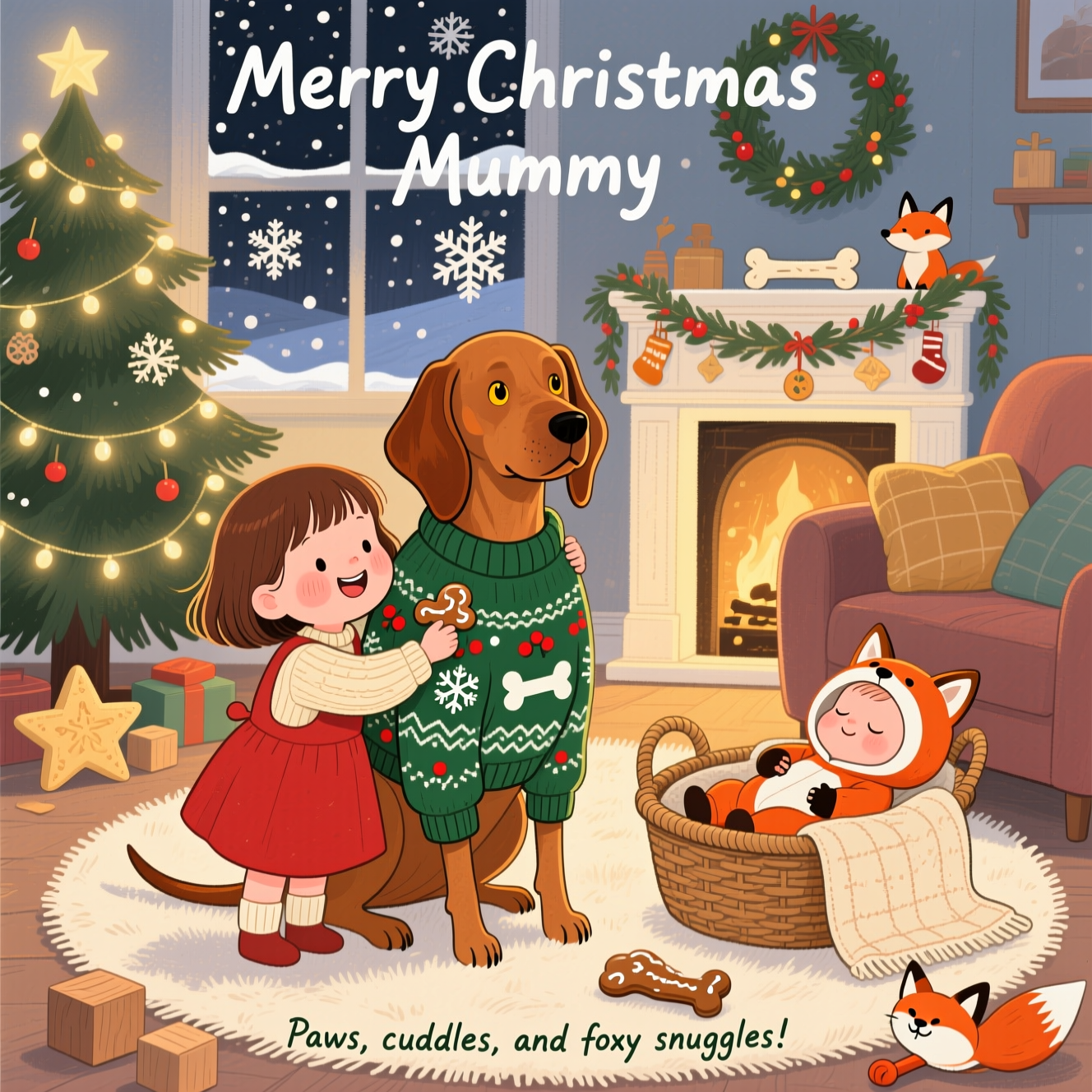 At the top of the Illustration Style image, Merry Christmas Mummy

A cute, hand-drawn Christmas illustration with fine linework, textured brush strokes, balanced composition, and a warm, expressive color palette. Cozy living-room scene at dusk: a softly glowing tree with twinkly fairy lights, paper snowflakes in the window with gentle snowfall outside, a garland over the mantle with tiny bone and fox ornaments. Center stage on a plush cream rug sits a sleek russet Vizsla with floppy ears and amber eyes, proudly wearing a chunky knit Christmas jumper in forest green with tiny red berries, snowflakes, and bone motifs. To the left, a 2-year-old daughter with brown hair and a short fringe, rosy cheeks and wide toddler grin, in a festive red pinafore over a cream knit top, hugging the Vizsla’s neck and offering a gingerbread bone. To the right, her 2-month-old baby brother snoozes safely in a cushioned wicker basket, bundled in his favorite fox onesie (little fox ears on the hood, warm auburn-and-white tones), one tiny hand peeking from a knitted blanket as the Vizsla gently noses toward him. Scattered wooden blocks, a plush star, and a tiny fox rattle add charm. Lighting is warm golden with soft shadows, subtle paper grain, watercolor washes layered with gouache textures, and delicate pencil lines. Full-bleed composition with ample breathing room around the characters, gentle vignette, cinnamon reds, pine greens, toffee browns, and hints of gold.

At the bottom in small, playful hand-lettering: Paws, cuddles, and foxy snuggles!
Generated with these themes: Vizsla wearing a Christmas jumper, Daughter a 2 year old girl with brown hair and fringe, 2 month old son who favourite outfit is a fox onesie, and .
Made with ❤️ by AI.