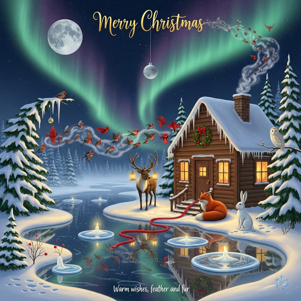 At the top of the Surreal Style image, Merry Christmas

A cozy wooden Christmas cabin glows warmly in a midnight snowscape that gently melts and flows like candle wax into a mirror-still lake of stars. Chimney smoke unfurls into a swirling flock of robins and cardinals that dissolve into aurora ribbons embracing a low, pearl moon hung like a silver ornament. Evergreen pines bow and arc in impossible curves, their icicles stretched into delicate harp-strings catching amber light. The ground ripples softly, snowdrifts becoming velvet folds that cradle the scene.

Around the cabin, animals gather in a tender wreath of protection: a reindeer with tiny lanterns twinkling from its antlers like ornaments; a red fox curled by the step, its tail unspooling into a crimson ribbon encircling the door; an arctic hare poised like a porcelain sculpture; and a white barn owl watching serenely from a bent spruce limb. Their footprints knit into small constellations pressed into the snow, while oversized glassy snowflakes drift down and slowly melt into reflective pools, each holding a miniature sky.

Mood: sincere, hushed, and hopeful—quiet winter wonder with warmth at the center. Dreamlike surrealism with Dali-inspired melting forms and unexpected morphs, ethereal moonlight and candle-glow, soft volumetric fog, painterly texture, delicate grain, high detail; vertical portrait composition with a large, starry sky.

Set “Merry Christmas” in hand-lettered frosted gold with a gentle halo, subtly entwined with the aurora at the top.

At the bottom, a small handwritten caption in soft white: Warm wishes, feather and fur.
Generated with these themes: Christmas cabin, birds and animals, and .
Made with ❤️ by AI.