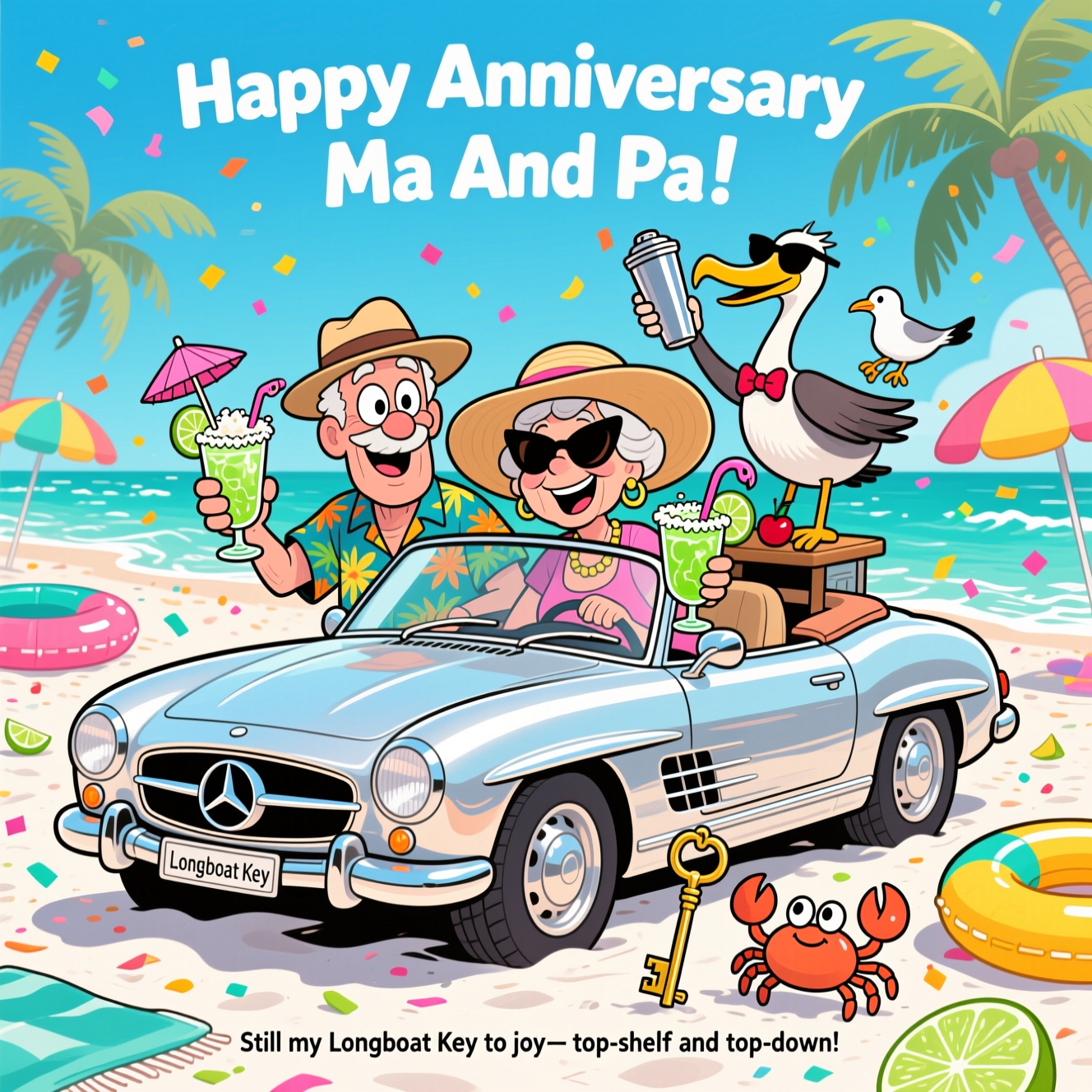 Longboat key, cocktails, Mercedes, and Anniversary Card
